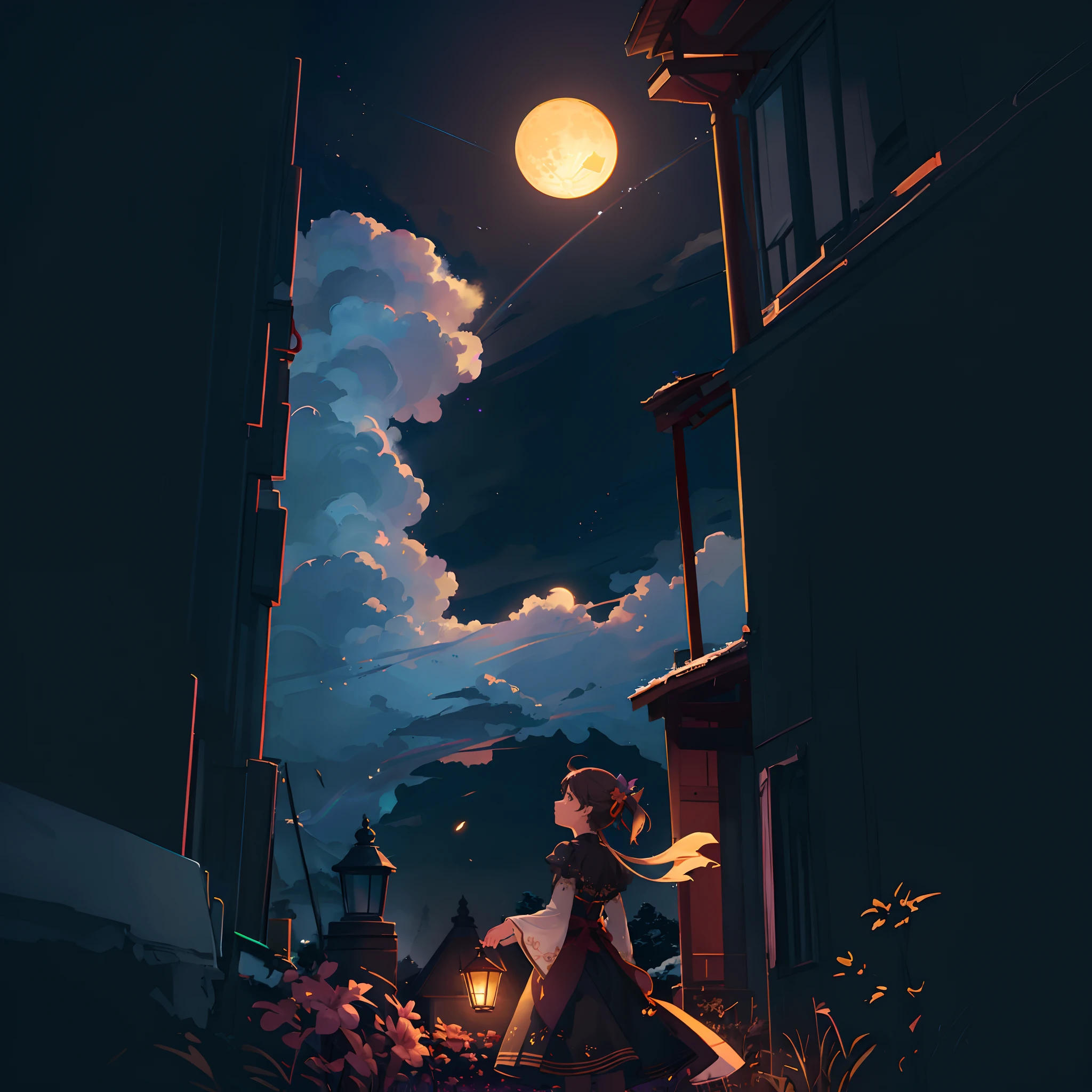 Anime girl walking on the night path with full moon in the sky, Anime art wallpaper 8k, anime clouds, anime art wallpaper 4k, anime art wallpaper 4k, Anime Sky, anime wallpaper 4 k, anime wallpaper 4k, Anime Background Art, 4k anime wallpaper, low details. Digital Painting, calm night. Digital Illustration, Night clouds