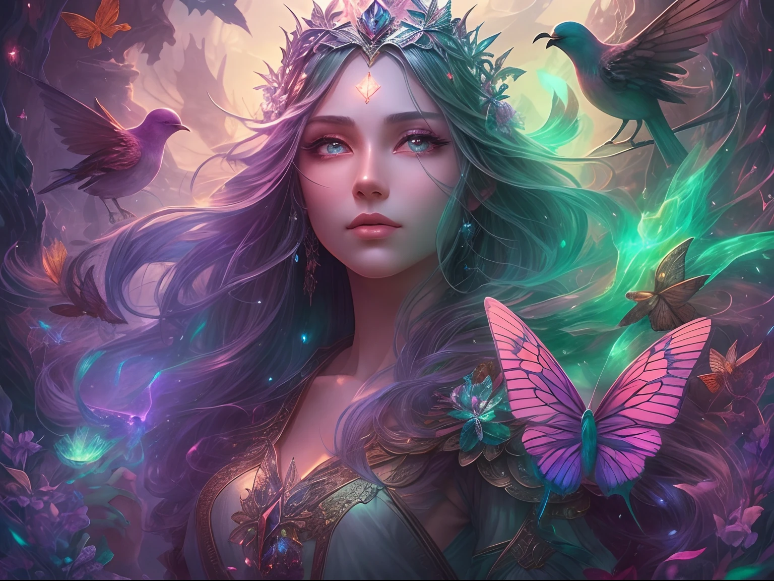 (((masterpiece))), (((best quality))), ((ultra-detailed)),(highly detailed CG illustration), ((extremely delicate and beautiful)) Create a stunning fantasy artwork that mimics the style of currently trending masters of the genre. The art piece should contain elements of both mythic fantasy and fairytale fantasy with (watercolor accents in shades of blue, pink, and purple). Generate a delicate but strong figure with an aura of mystery and magic and stunningly realistic eyes. The character should be petite with subtle breasts. Pay close attention to intricate facial features, such as mesmerizing eyes with vibrant colors and delicate shading. The character's clothing should be designed with gossamer feathers, silk, stunning embroidery, and subtle iridescent details. Incorporate vibrant colors, dynamic lighting, and detailed background elements to create a sense of awe and immersion. Include colorful flying magical birds and jewel-toned butterflies radiating a magical aura. Consider the latest trends in fantasy art, such as incorporating unique lighting effects, exploring dynamic and compelling composition techniques, and experimenting with unique color palettes. Take inspiration from the top artists on ArtStation and Midjourney. Camera: Choose an angle that highlights the character's beauty and enhances the magical majesty of the artwork. Lighting: Utilize atmospheric lighting techniques to create depth and mood. Resolution: Aim for a high-resolution artwork to showcase intricate details and clarity. Art Inspirations: Seek inspiration from the trending artists on ArtStation, exploring different styles, genres, and themes.