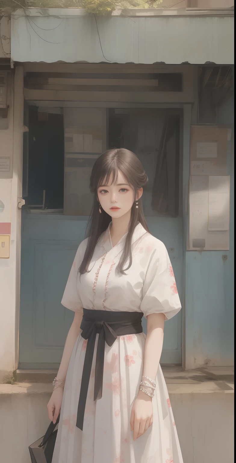 A woman who is，24 years of age，On the streets of retro、a white long skirt，Republic of China student clothing，Two braid shoulder position，Republic of China retro style，