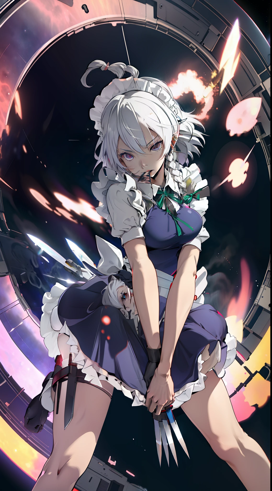 masterpiece,  best quality, highres,  1girl, solo, sakuya1,  maid, apon, greyt hair, medium  breasts, knife, in the space,