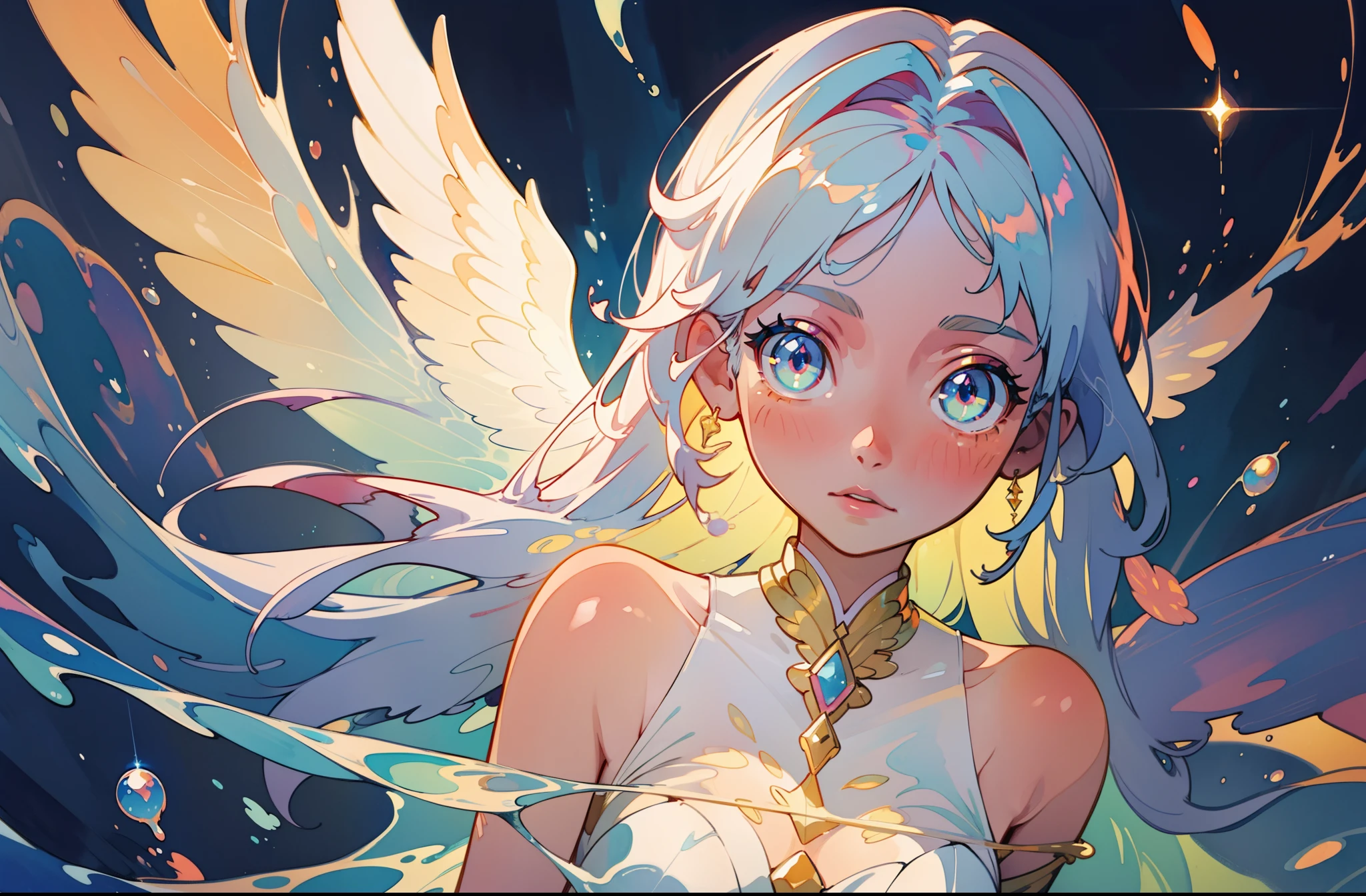 masterpiece, best quality, sharp focus, 8k, intricately detailed environment, anime, watercolor illustration, colorful, bright colors, whimsical, glowing lights, liquid otherworldly, fairy lights, beautiful girl in flowing liquid glowing dress, perfect face, golden ratio, sparkling eyes, watercolor, liquid light, angel wings