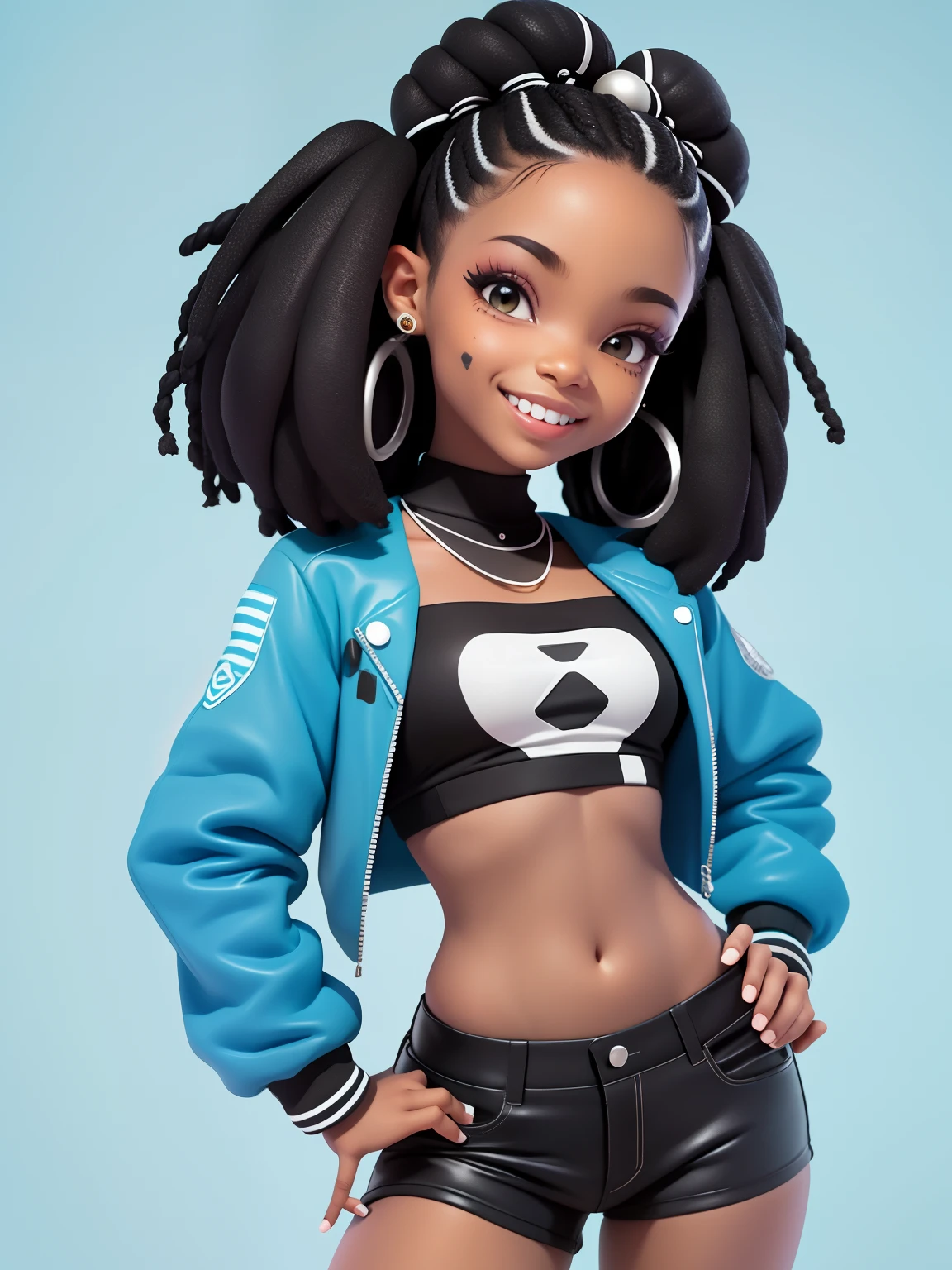 Avatar negra, hip Hop, sorriso claro, corpo inteiro, cabelo mesclado, moderno, Modern accessories, fundo tom pastel , colorido e simples.