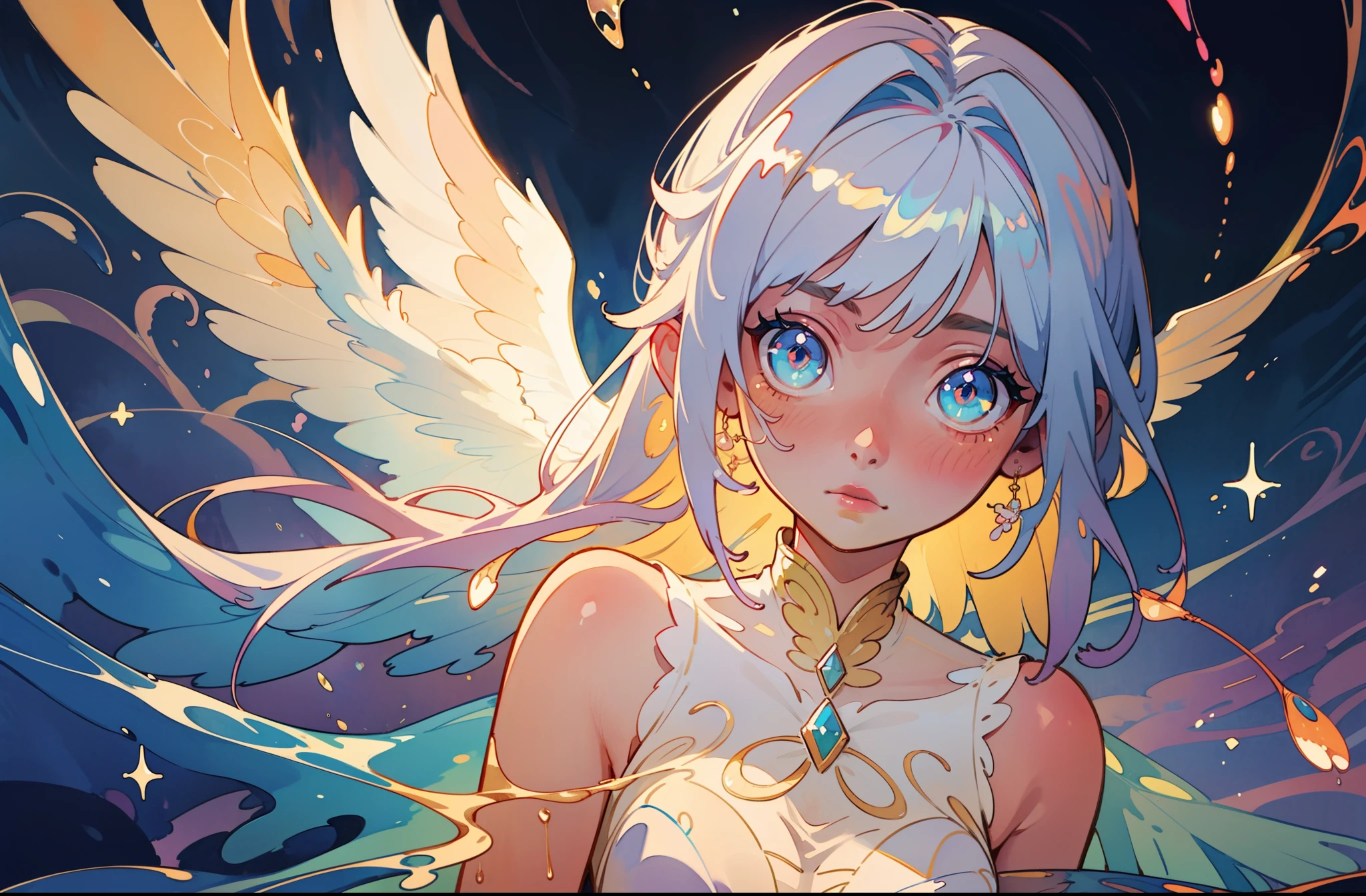 masterpiece, best quality, sharp focus, 8k, intricately detailed environment, anime, watercolor illustration, colorful, bright colors, whimsical, glowing lights, liquid otherworldly, fairy lights, beautiful girl in flowing liquid glowing dress, perfect face, golden ratio, sparkling eyes, watercolor, liquid light, angel wings
