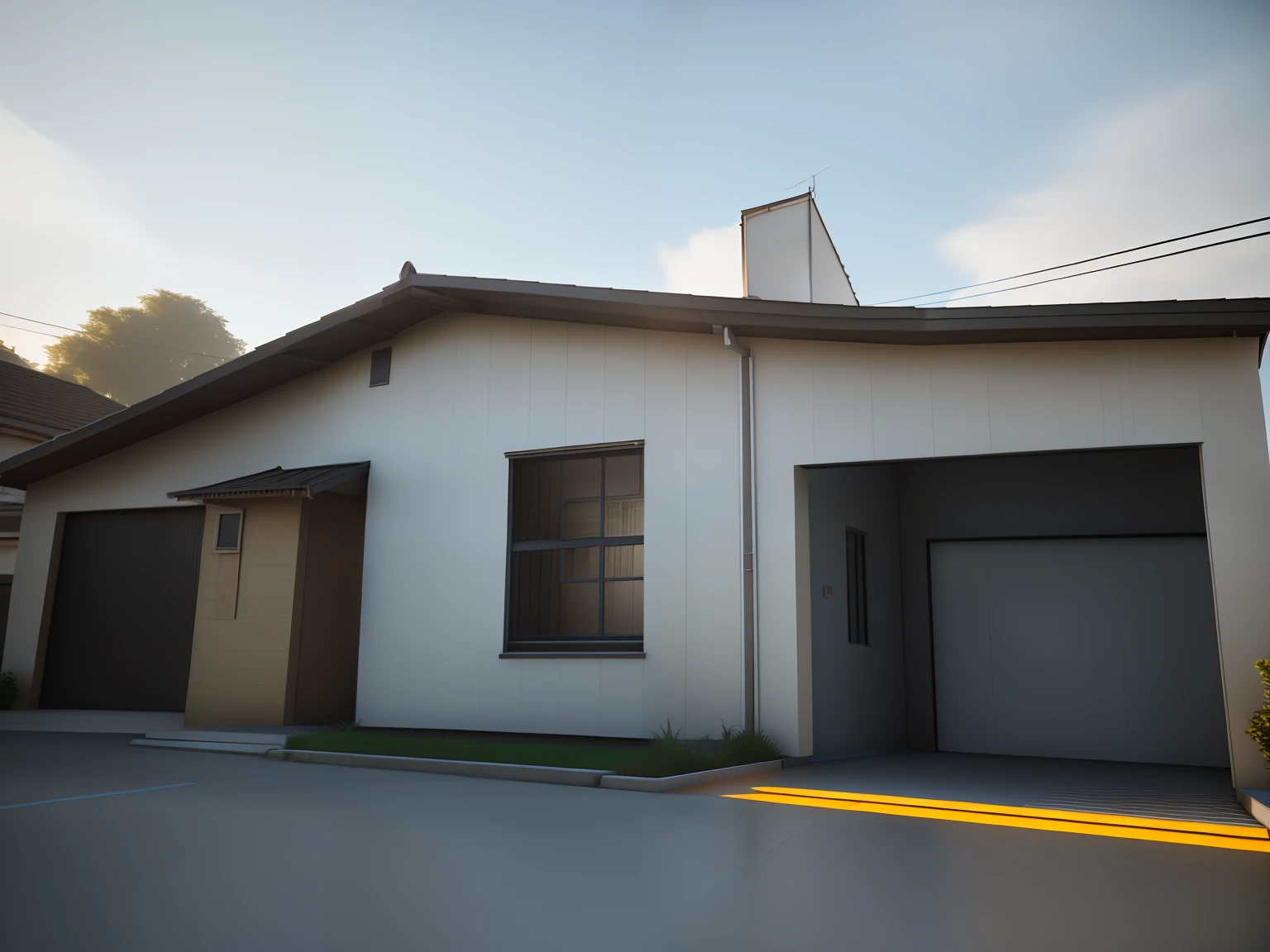 There is a picture of a house with a garage next door, Lumion Pro Rendering, Directed by: CeFerí Olivé,renderizar 3 d, renderizado em unidade 3 d, renderizado em unreal 3 d, renderizado em unreal engine 3d, 3d final render, 3 d finalrender, renderizado no Unreal Engine 3, semi-realistic rendering, altamente renderizado!!, renderizado em pov - raio, em estilo de realismo simplificado