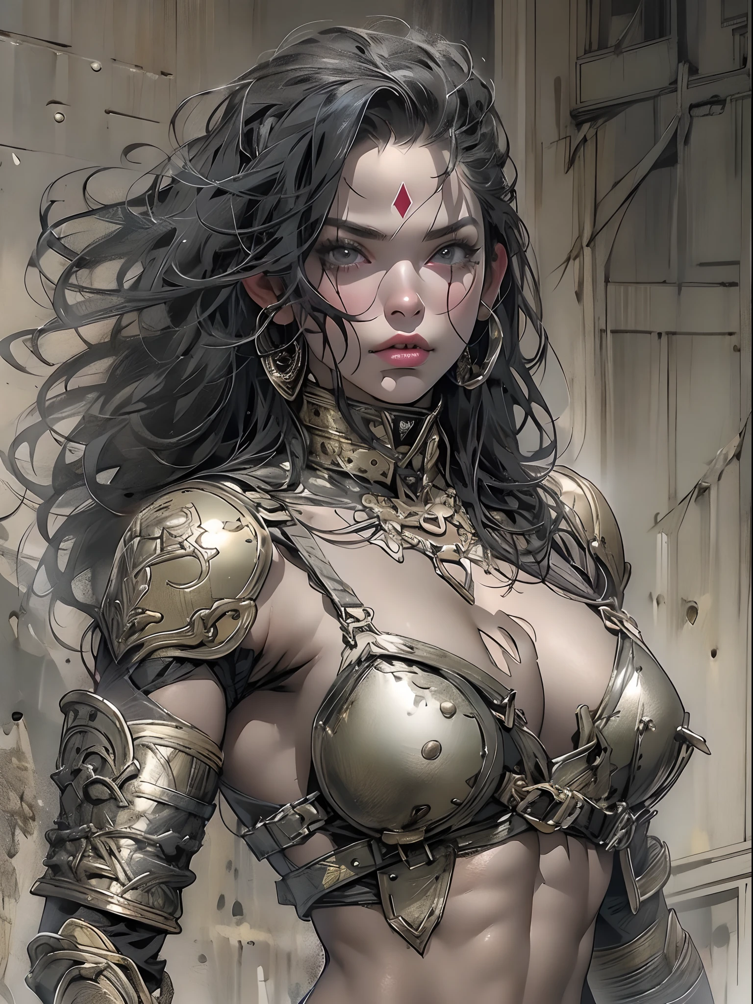 (((mulher))), (((melhor qualidade))), (((obra prima))), (((adulta))), Uma guerreira mulher de 35 anos com corpo perfeito, Brooklyn Gladiators, hand with steel gloves and metal tips, (( under boobs )), (( Tiny thong )), quase nua no estilo selvagem urbano de Simon Bisley para a capa da revista 2000 A.D., cabelo loiro, Minimum clothing, armadura (roupa feita com a bandeira do 🇧🇷 ), cheio de pontas e rebites manchadas de tinta, tatuagem de estrelas de 5 pontas, (((corpo inteiro))), cabelo preto curto com franja branca cobrindo a testa