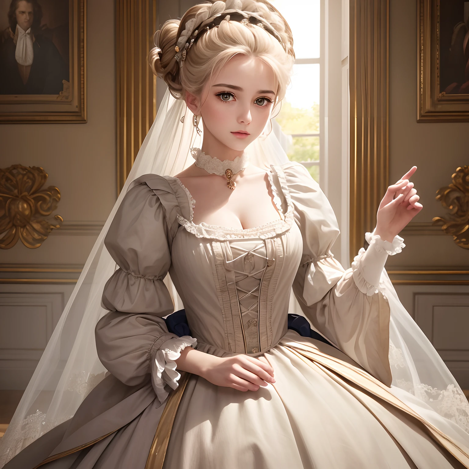 top-quality(Highest Quality) , High quality(hiquality)　etc ○○ detailed – ○○ details ultra detailed(Ultra-fine ) , Extremely detailed(Extremely detailed) , Finely detailed(Fine-grained)　etc ○○ res – ○○ resolution ultra high res(超A high resolution) , very high res(hight resolution)　etc Realistic – Realistic Photorealistic – photorealistic beautiful – beautiful 4k , 8K , 16K – 4K image quality , 8K , 16k distinct – clearly Best Aesthetic – Supremely Aesthetic ，Marie Antoinette，Palace of Versailles，medieval times，ue，（（1girl in）），up hairstyle，French dress，（（Ankle-length long dress）），rokoko，pannier，hoop skirt，Perfect fingers