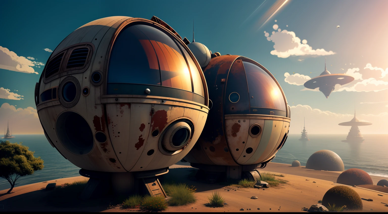 Superb art style，Spherical escape pod，/"Computer I"/Time travel machines。Fragmentation，rusted，colours。