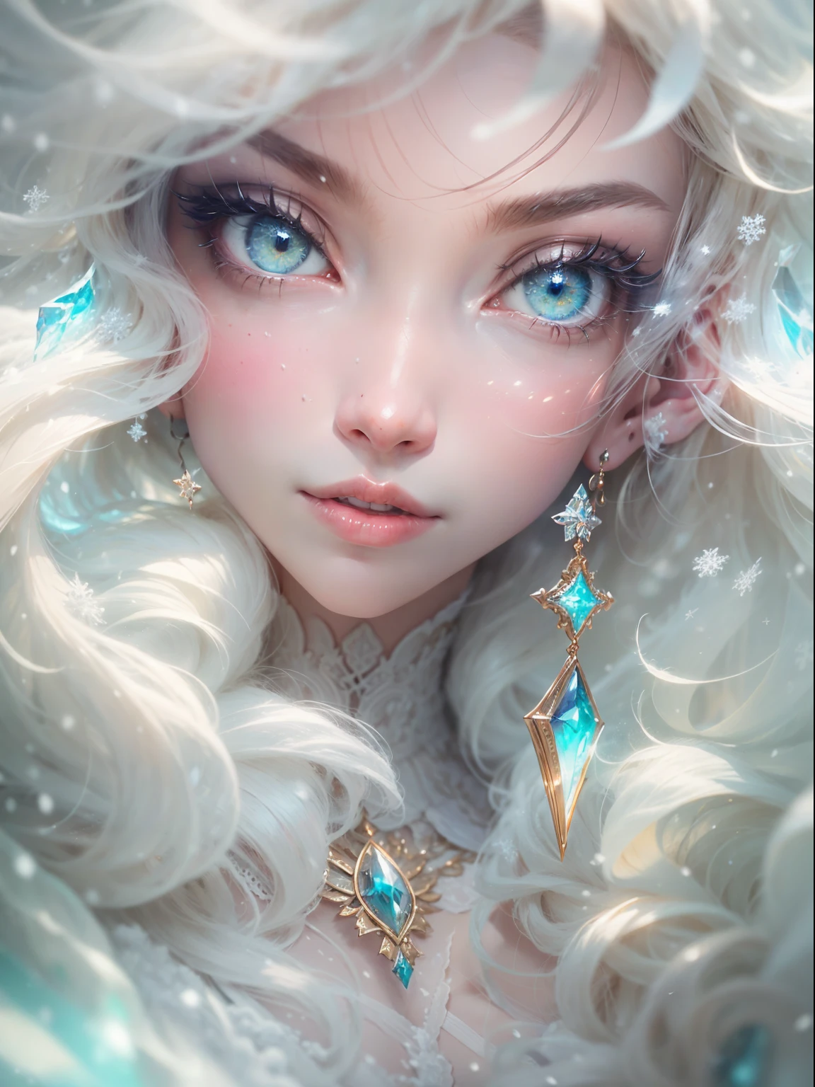 (((masterpiece))), (((best quality))), ((ultra-detailed)),(highly detailed CG illustration), ((an extremely delicate and beautiful)),cinematic lighting. This is a realistic fantasy artwork with contrasting colors and a very mysterious aura. Generate a pure white woman with ((pure white skin)), metallic hair, and bold, colorful eyes. (((Her skin is whiter than snow))). Her face is extremely detailed with realistic shading and her eyes are extremely detailed with absurdly high resolution and bright, bold colors. (((Her eyes are important and must be perfect.))) She has soft, puffy lips. Include many fantasy details such as soft white feathers, beautiful French silk, delicate embroidery, snow, iridescence detailing, phantasmal iridescence detailing, and glitter. Include moonlight, snowflakes, and winterscapes. The character in the artwork is a delicate but strong petite figure with an aura of mystery and magic. The character's clothing should be designed with gossamer feathers, silk, stunning embroidery, and subtle iridescent details. Incorporate dreamy colors, dynamic lighting, and detailed background elements to create a sense of awe and immersion.  Consider the latest trends in fantasy art, such as incorporating unique lighting effects, exploring dynamic and compelling composition techniques, and experimenting with unique color palettes. Take inspiration from the top artists on ArtStation and Midjourney. Camera: Choose an angle that highlights the character's beauty and enhances the magical majesty of the artwork. Lighting: Utilize atmospheric lighting techniques to create depth and mood. Resolution: Aim for a high-resolution artwork to showcase intricate details and clarity. Art Inspirations: Seek inspiration from the trending artists on ArtStation, exploring different styles, genres, and themes.