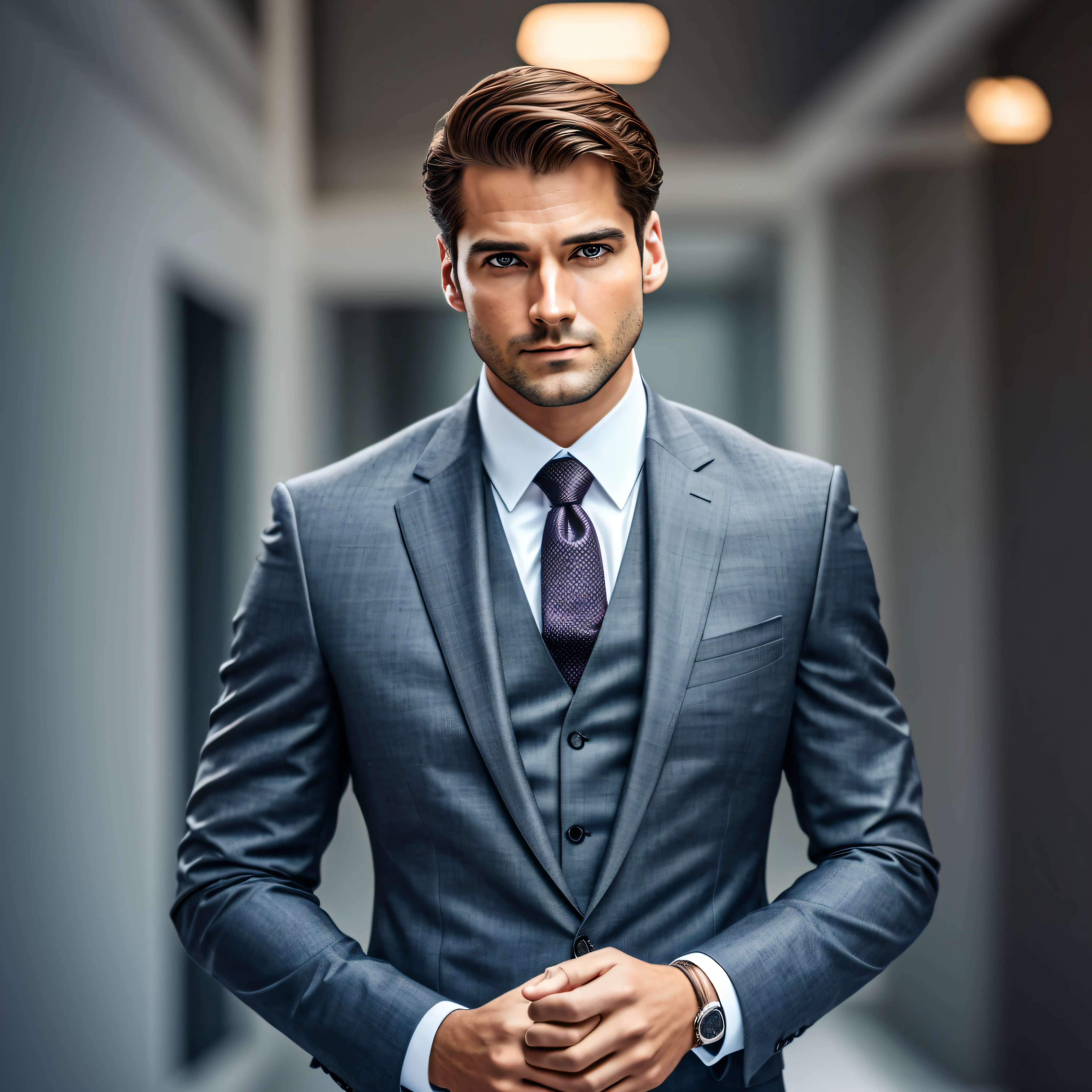 a Man standing with 30 years in suit and tie, body and head straight in the photo, DSRL, facing the viewer of the photo, eyes fixed to the lens, appears shoulders and head in the photo, man centered in the photo, 8k, best quality, masterpiece, realistic, realistic photo, movie photo, ultra realistic, 1 person, detailed, Perfect lighting, DSRL, professional photo, 4k --auto --s2