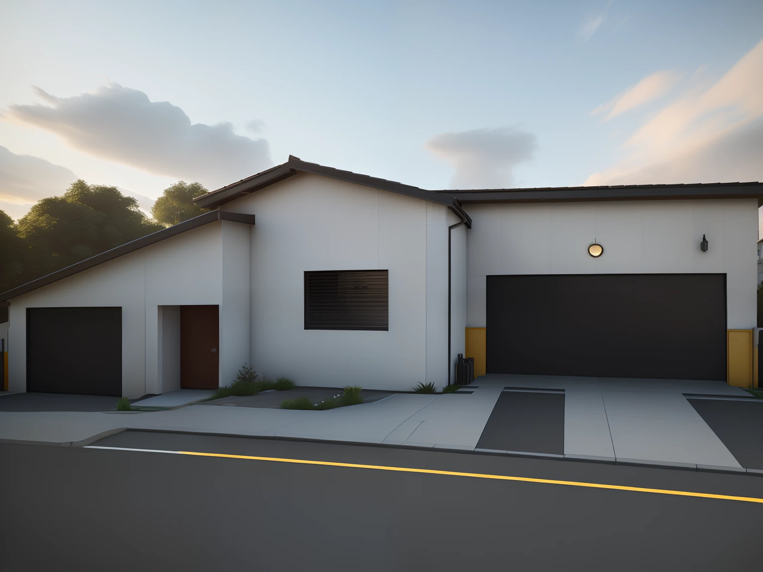 There is a picture of a house with a garage next door, Lumion Pro Rendering, Directed by: CeFerí Olivé,renderizar 3 d, renderizado em unidade 3 d, renderizado em unreal 3 d, renderizado em unreal engine 3d, 3d final render, 3 d finalrender, renderizado no Unreal Engine 3, semi-realistic rendering, altamente renderizado!!, renderizado em pov - raio, em estilo de realismo simplificado