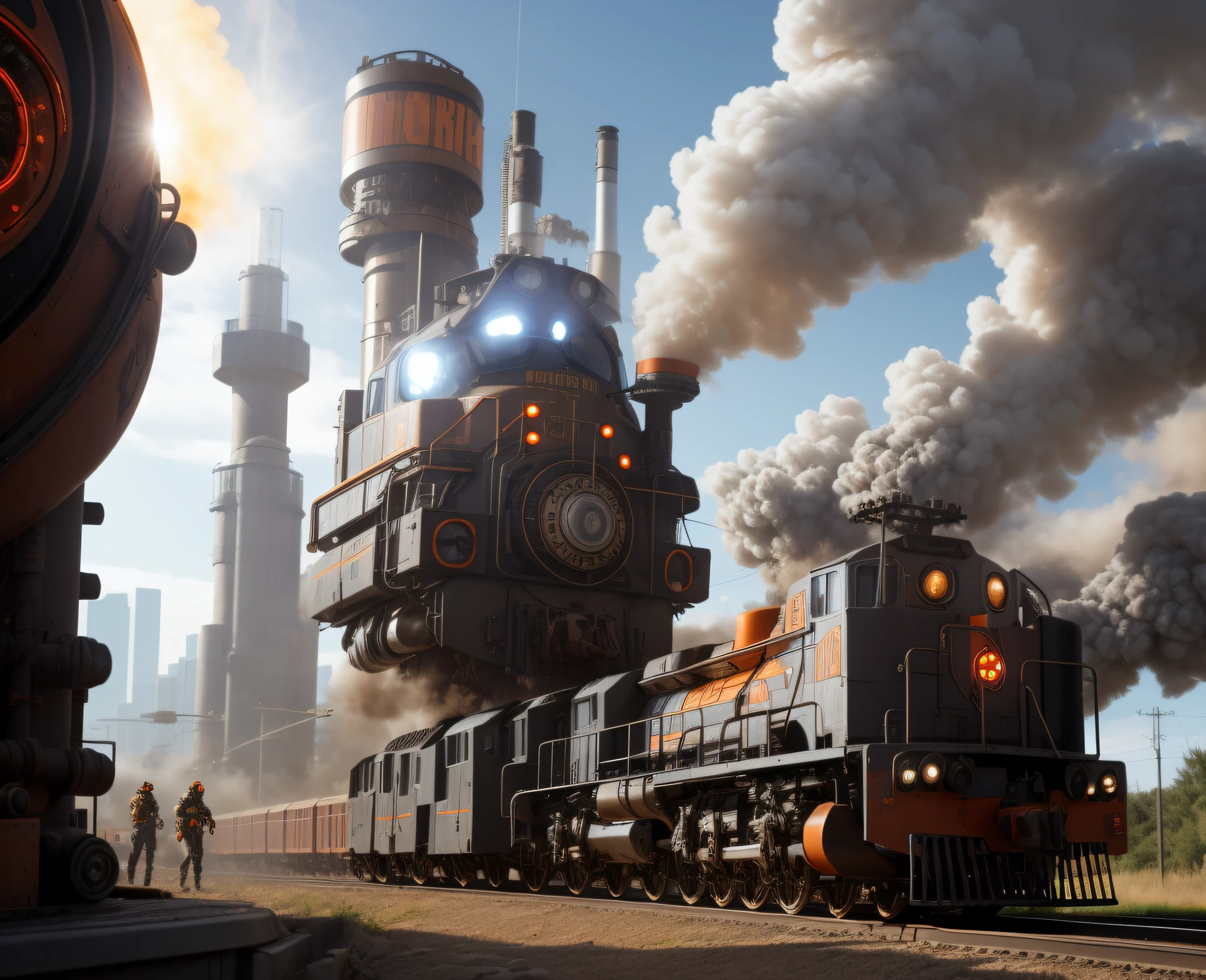 add a cyborg in foreground facing the train 3/4 turn, rustic black and orange cyber cowboy,