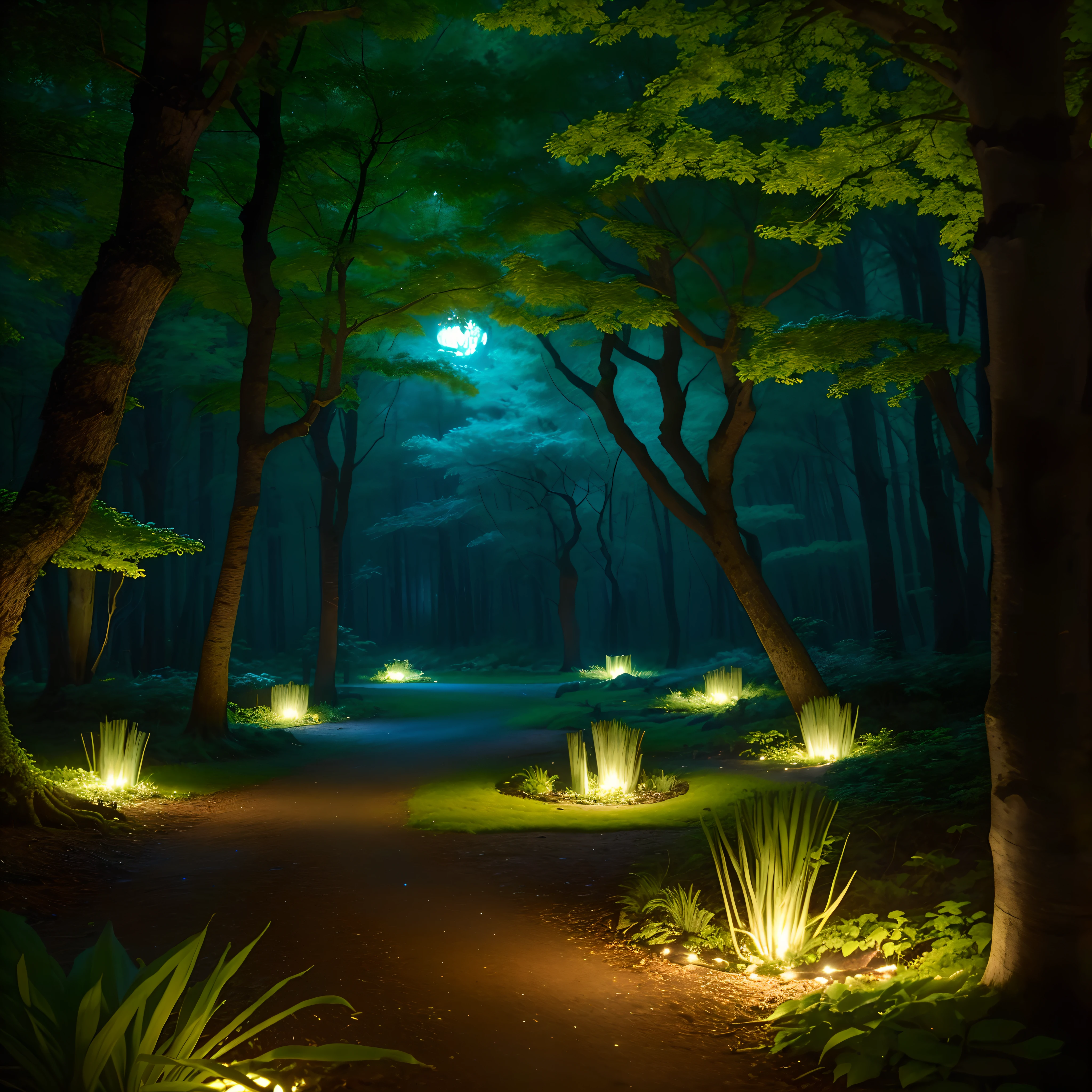 A dimly lit path in a dark forest with trees and grass, Entorno forestal iluminado por la luna, en un bosque por la noche, enchanted and magic forest, Bosque nocturno, magical forest with fireflies, Noche en el bosque, en el bosque por la noche, Tranquila escena nocturna del bosque, Bosque profundo en la noche, Bosque por la noche, Una imagen de un bosque iluminado por la luna