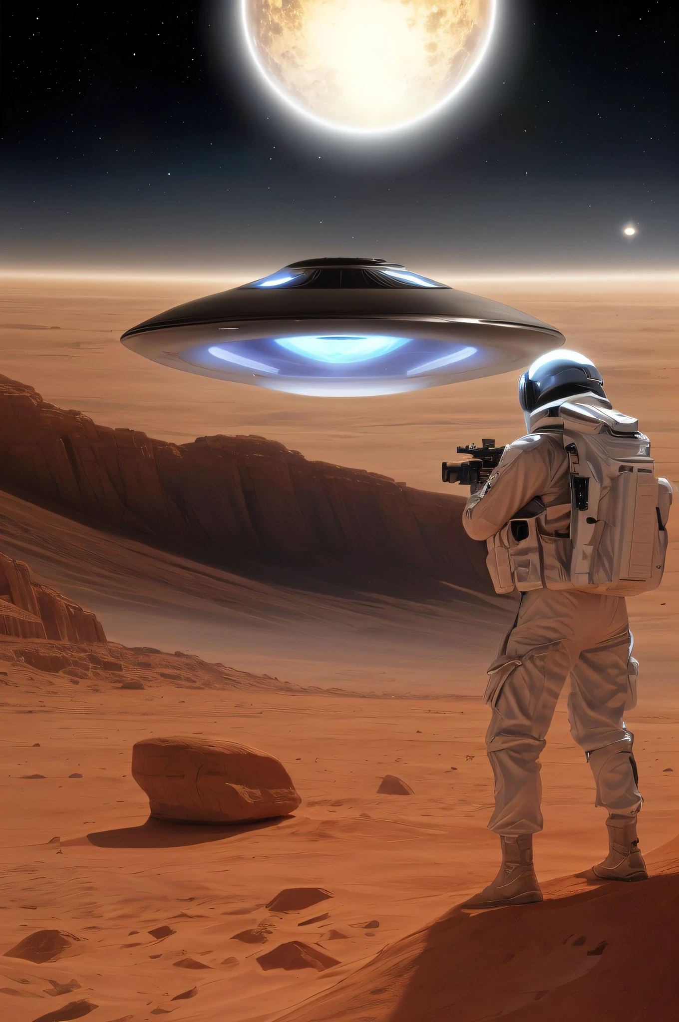 Painting of a man in a space suit with a camera and a flying saucer, Nave espacial em segundo plano, Soldado espacial em Marte com uma arma, Pouso de OVNIs, nave espacial em segundo plano, scifi illustration, alien desert, nave espacial longe no fundo, Arte SciFi, Retro Sci - Imagem de FI, sci-fi illustration, sci - fi illustration, ufo aliens