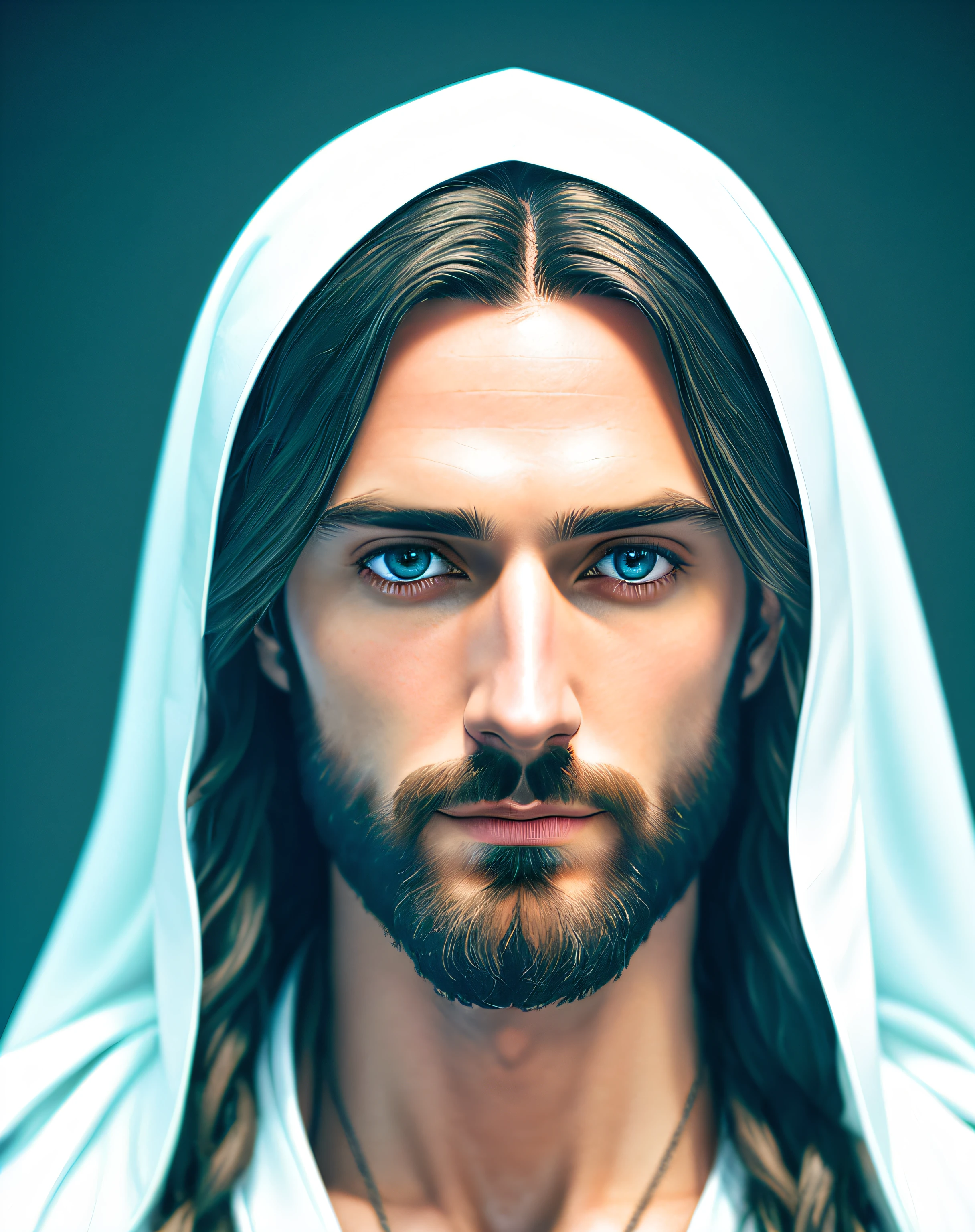 (symmetry),centered,a ((close)) up portrait,(Jesus),a very thin white man with long hair and a beard,wearing a long white robe,35mm,natural skin,clothes  detail, 8k texture, 8k, insane details, intricate details, hyperdetailedhighly detailed,realistic,soft cinematic light,HDR,sharp focus, ((((cinematic look)))),intricate, elegant, highly detailed