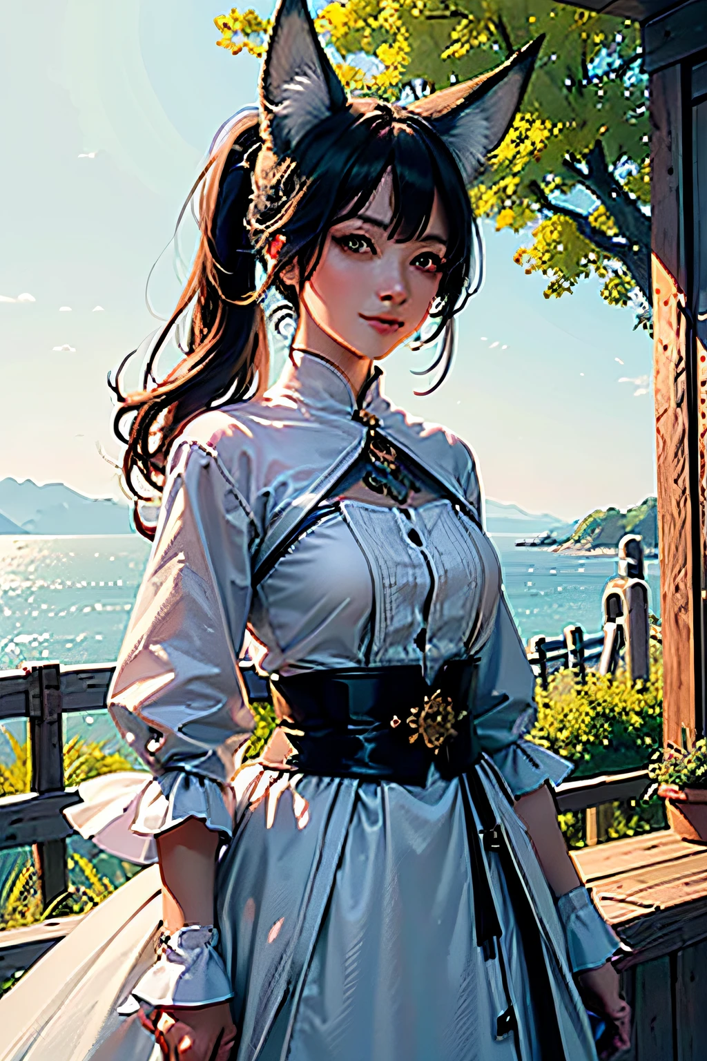 (Masterpiece, Top quality, Best quality, offcial art, Beautiful and aesthetic:1.2), Ultra photo realsisim, 32K, Extremely detailed Cg Unity 8K wallpaper,  Detailed background, Outdoors, day,
1girll,tingyun, Green eyes, pony tails, hair adornments, White collar, (Fox ears;1.3), Seductive smile,