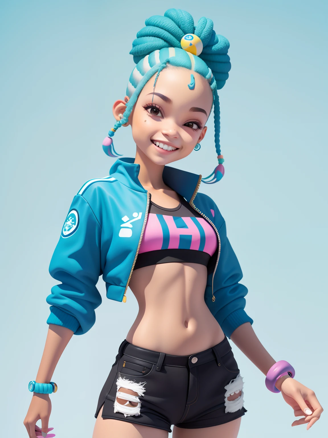 Avatar menina, hip Hop, sorriso claro, corpo inteiro, cabelo mesclado, moderno, Modern accessories, fundo tom pastel , colorido e simples.