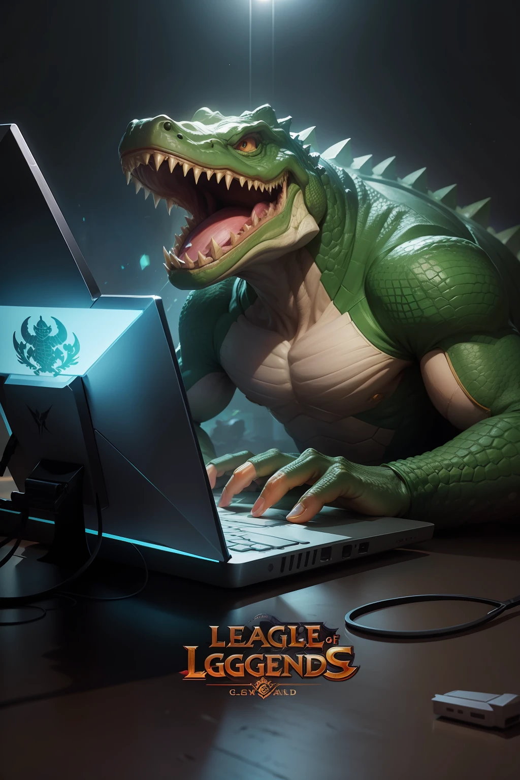 Make a flyer with a humanoid crocodile playing League of legends on the computer, illustration style