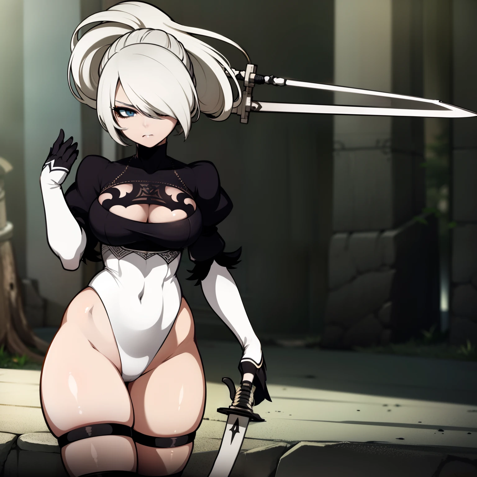 Nier: Automata 2B, a fierce fighter with a stunning sword, showcasing her powerful thighs and elegant attire, exuding strength and beauty with a touch of sophistication