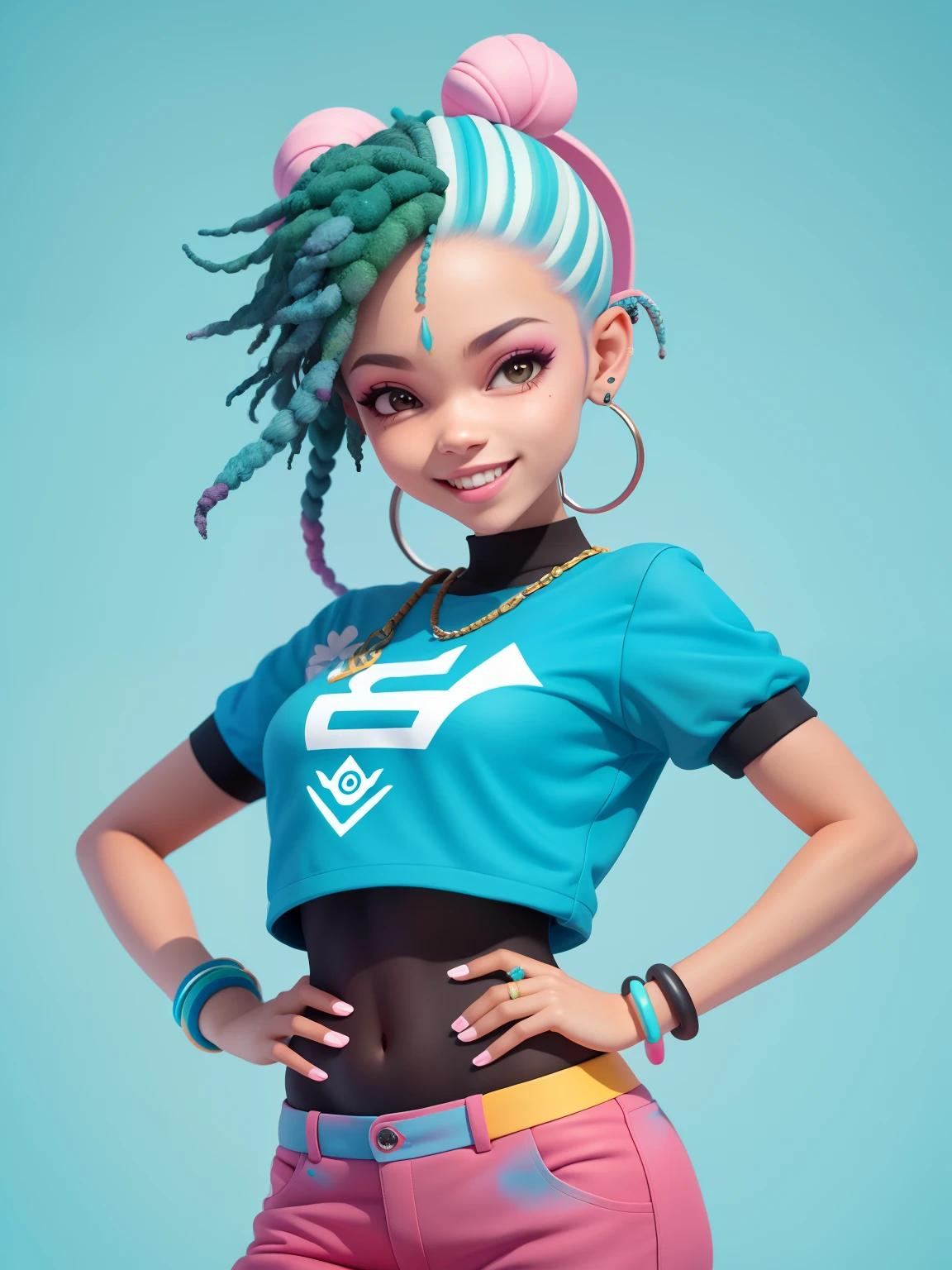 Avatar menina, hip Hop, sorriso claro, corpo inteiro, cabelo mesclado, moderno, Modern accessories, fundo tom pastel , colorido e simples.
