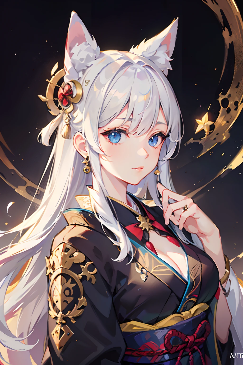 (absurdres, highres, ultra detailed), one woman, mature woman, aged, long straight hair, shiny beautiful hair, blue eyes, bangs, long sleeves, detailed eyes and fine face, eye highlights, hidden hands, rich lighting, highly detailed CG 8K wallpaper, intricate details, portrait, gazing, solo, half shot, finely drawn face, soft smile, dynamic pose, classical period, (Ancient Japanese Subject: 1.1), Japanese mythology, fox ears, Japanese people, ruler, blue kimono, floral kimono, ancient theme, ( (Prosperous Civilization: 1.1), Moon in background, (Immaculate: 1.1) shrine, Japanese landscape, ancient city in background, fox mask on head, fantastic, dreamy, dancing lights, lantern, austere, night, darkness, stars, portrait, cinematic lighting