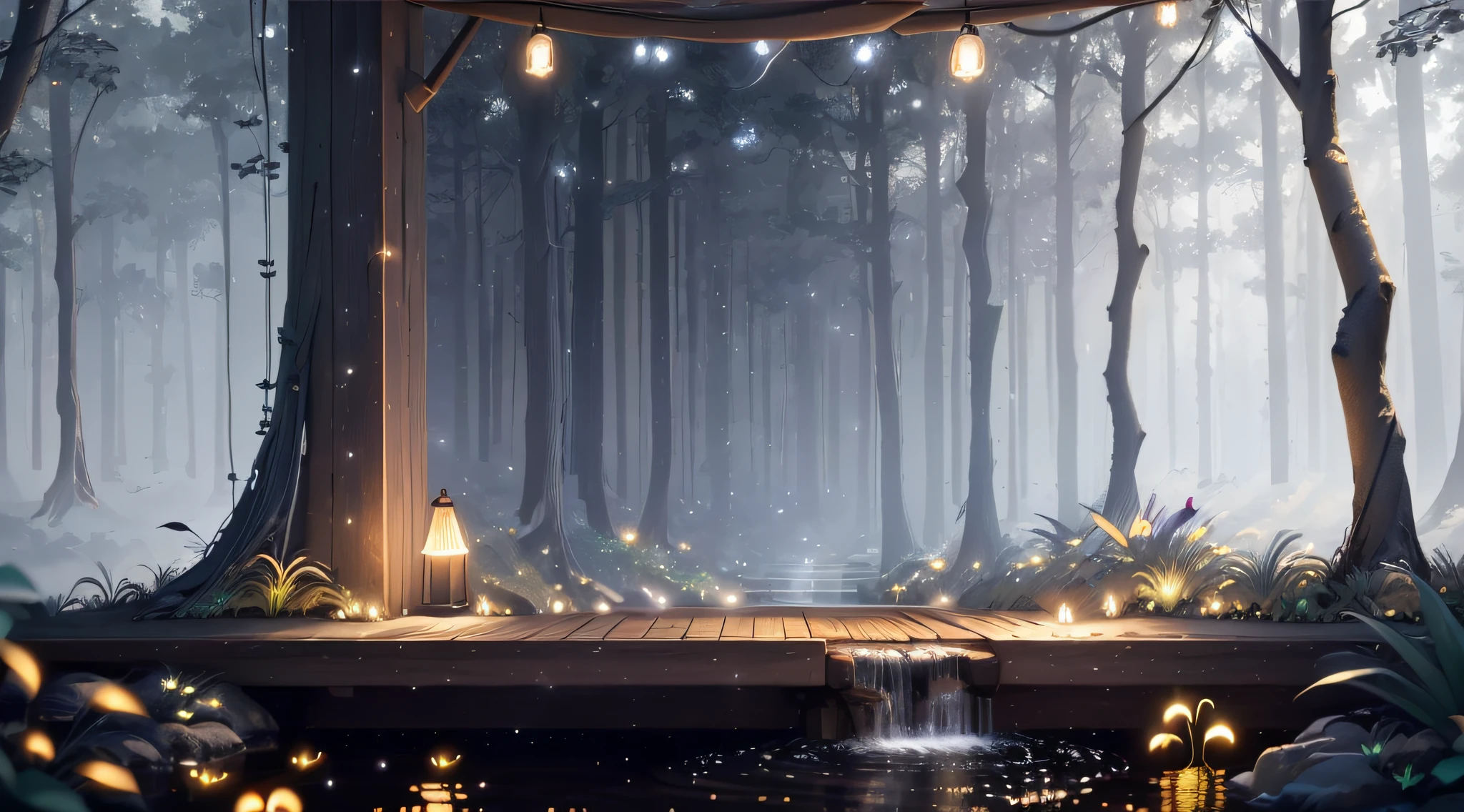 Masterpiece, best quality, (very detailed CG unity 8k wallpaper), (best quality), (best illustration), (best shadows), glow sprite, with a glowing deer, in the swimming pool Drinking water, natural elements in the forest theme. Mysterious forest, beautiful forest, nature, surrounded by flowers, delicate leaves and branches surrounded by fireflies (natural elements), (jungle theme), (leaves), (twigs), (fireflies), (particle effects) etc. 3D , Octane rendering, ray tracing, super detailed