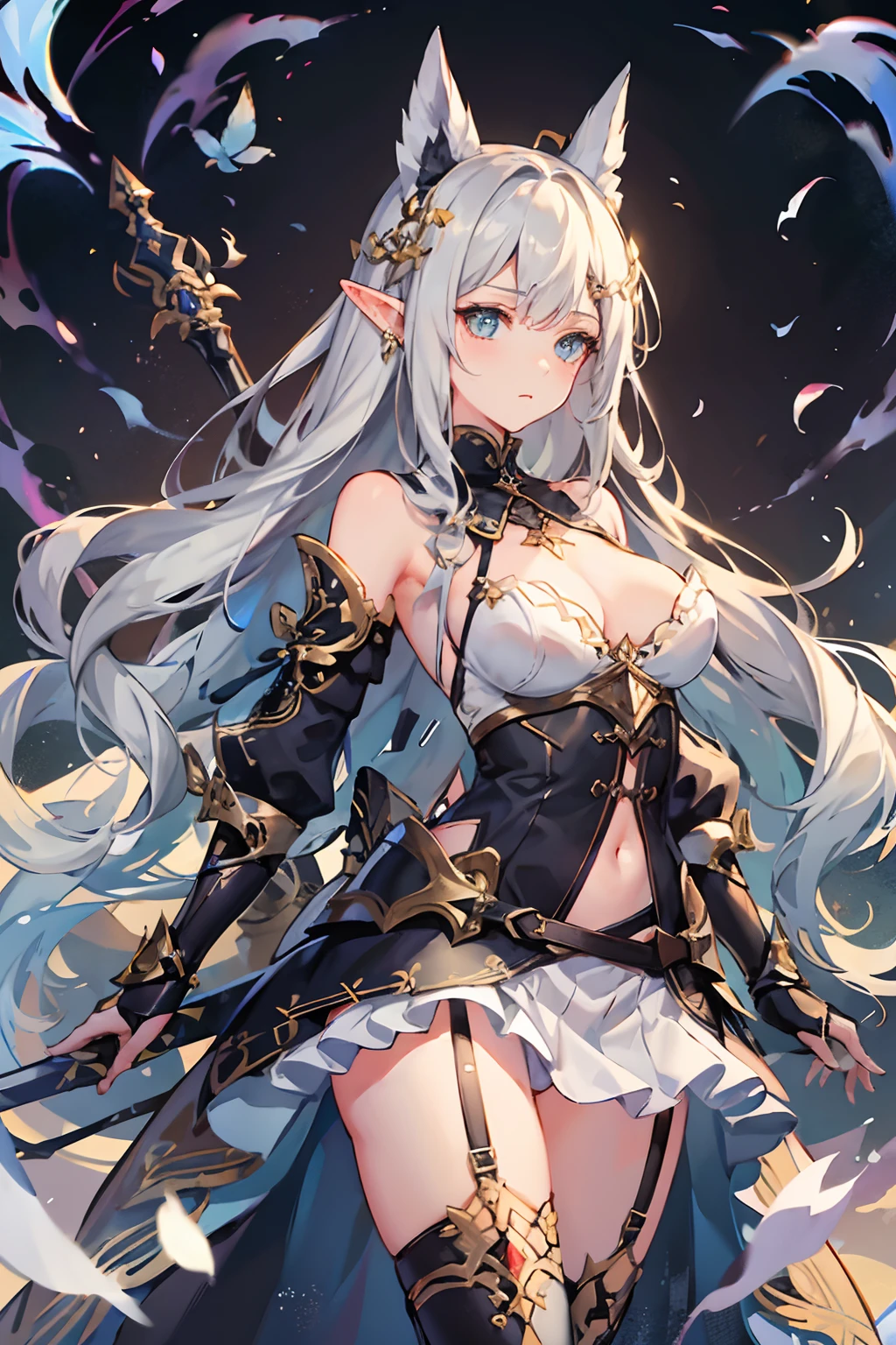maxiskit,dress conservatively 1 girl,独奏,full bodyesbian,Wide shot,standing on your feet,clutching a sword,whaite hair,long whitr hair,elvish ears,valkyrie,armour,White bra,side bang,from the front side,Oversized body,Look at the lover,Black panty