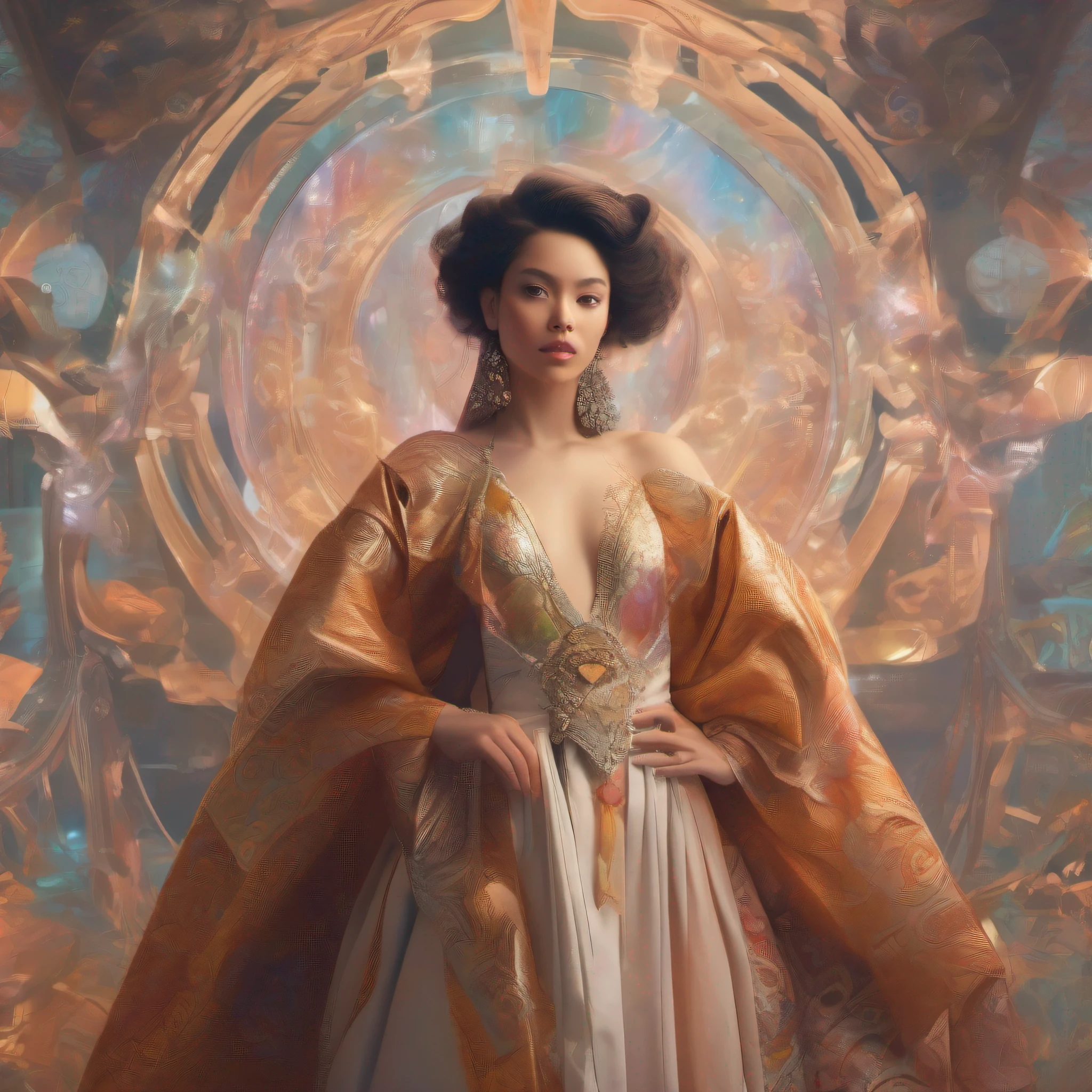 epic Bible events , capture a portrait of a woman with softly rounded forms wearing large clothes, enhanced by a low contrast effect, showcasing the realism and intricacy of the ensemble, against a simple background, with elements of neo-futurism and a touch of psychedelia, as she strikes a dynamic pose, reminiscent of a cartoon character, in a wonderful world, perfectly centered, and rendered in photorealism with crisp details, natural colors, fine textures, and complemented by the mesmerizing glow of volumetric lighting, ultimately presenting a stunning composition reminiscent of studio photography.