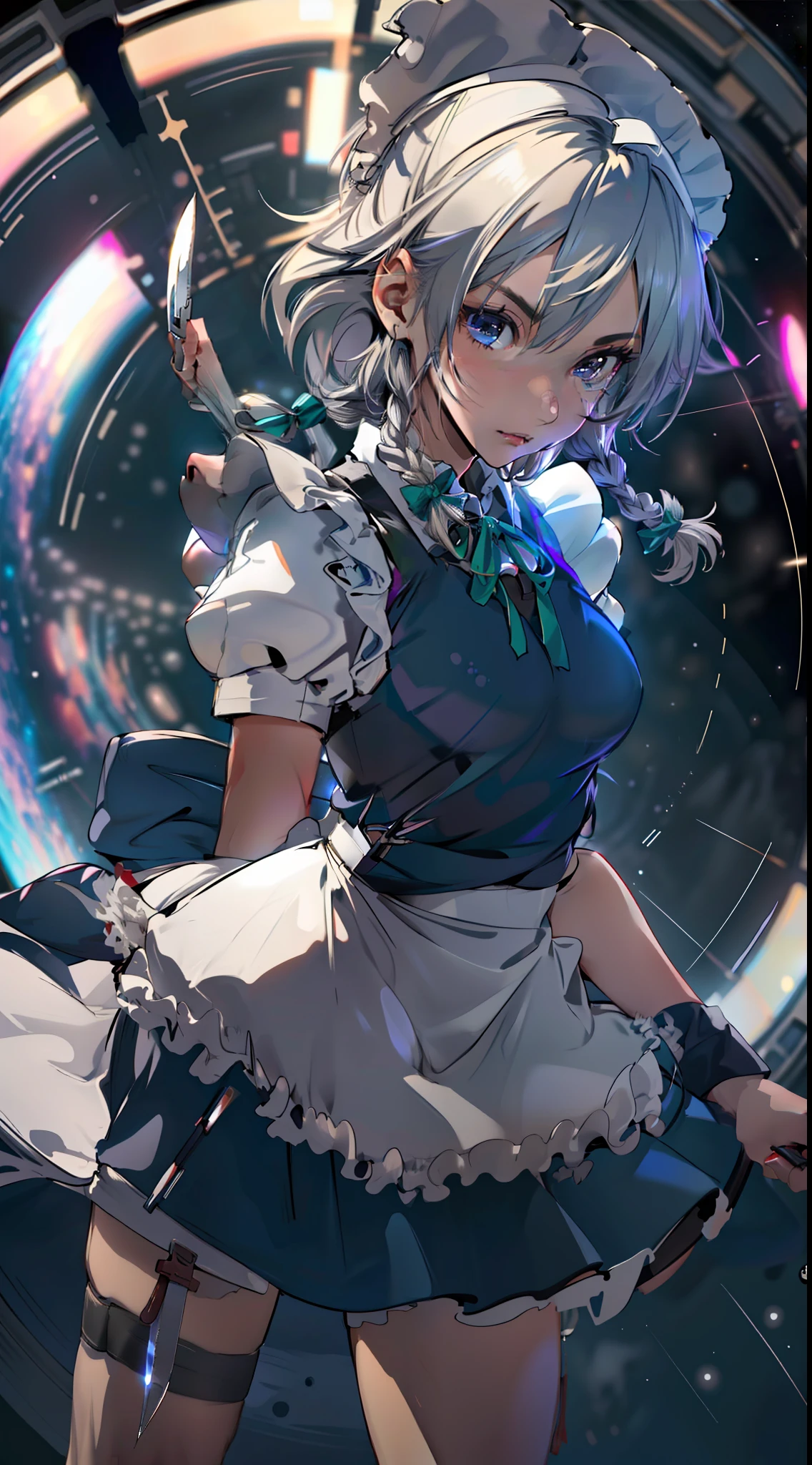 (masterpiece, best quality, highres), (1girl, solo, sakuya1), (maid, apon, greyt hair, medium breasts, knife, in the space),