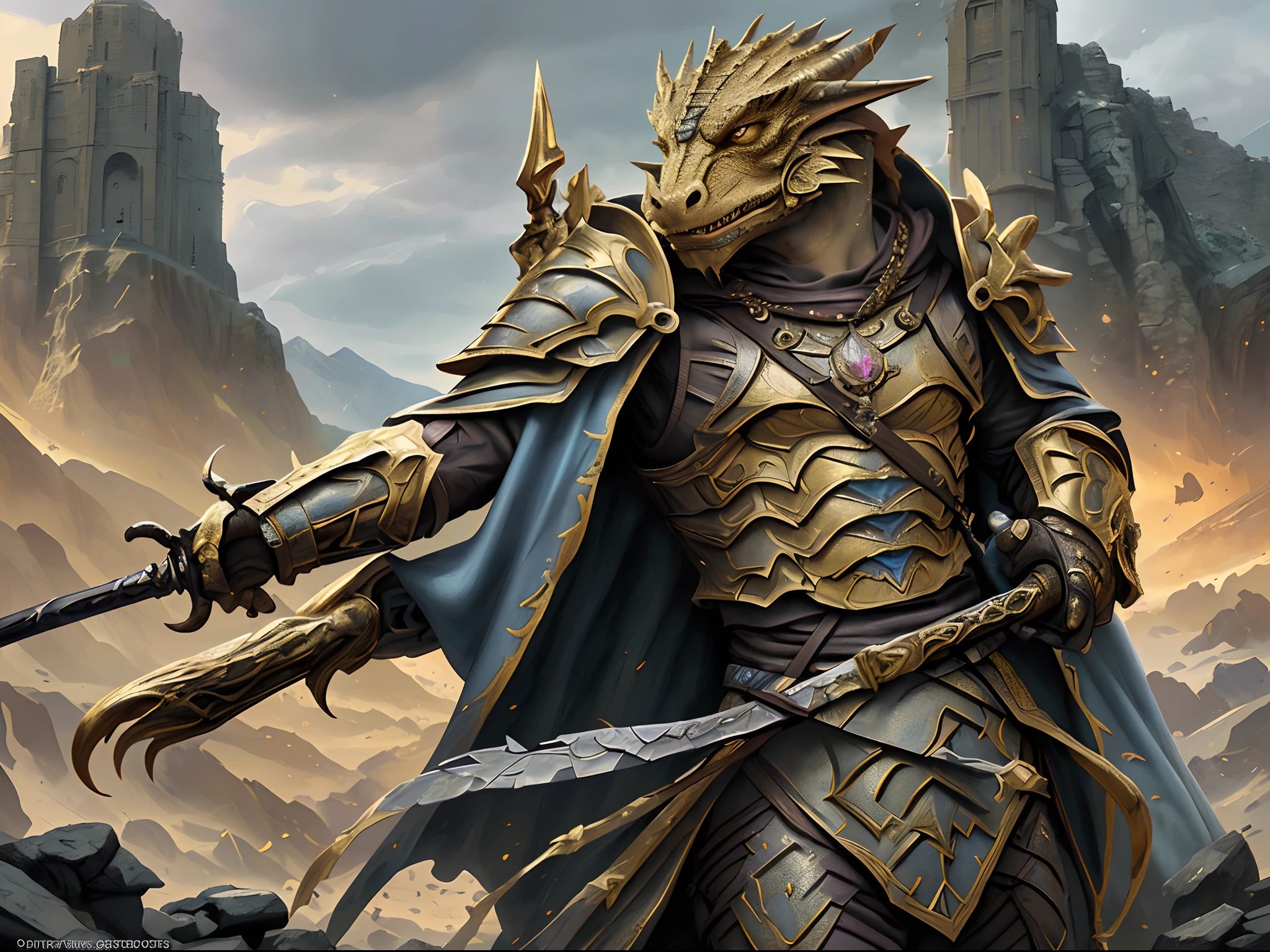 arafed high details, best quality, 8k, [ultra detailed], masterpiece, best quality, (extremely detailed), dynamic angle, ultra wide shot, photorealistic, RAW, fantasy art, dnd art, fantasy art, realistic art, a wide angle picture of a dragonborn paladin ready for battle, full body  (intense details, Masterpiece, best quality: 1.5), D&D dragonborn, gold dragonborn, dynamic eyes color, reptilian eyes, ultra detailed face  (intense details, Masterpiece, best quality: 1.5), wearing heavy armor, white armor, wearing cloak, long cloak, flowing cloak, dynamic colors, armed with sword  (intense details, Masterpiece, best quality: 1.5), holy avenger sword, sword have yellow magical aura (intense details, Masterpiece, best quality: 1.5), holding a shield  (intense details, Masterpiece, best quality: 1.5), dark temple, evil temple  background (intense details, Masterpiece, best quality: 1.5), sense of action, atmosphere of danger