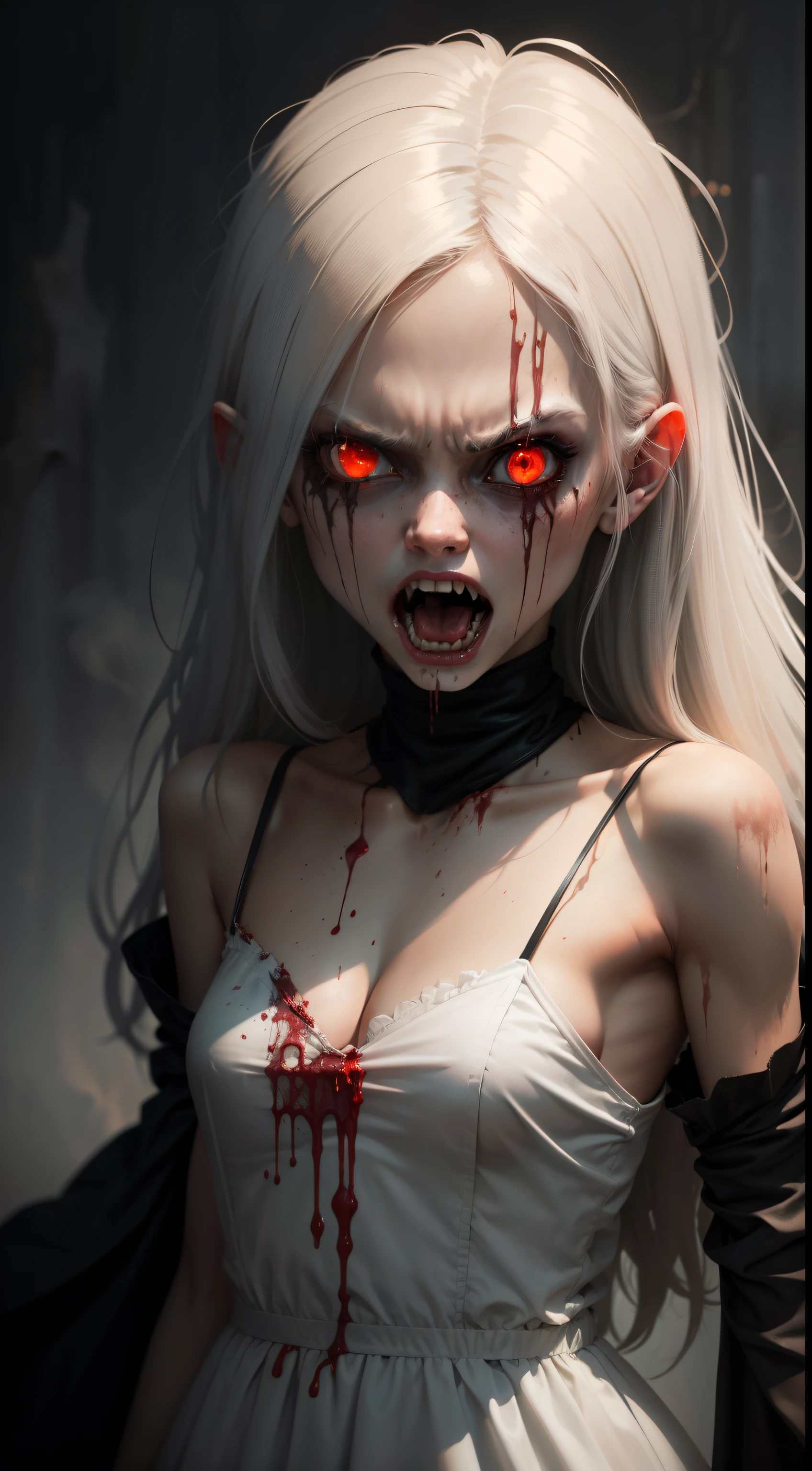 A very pal young girl humanoid character, her name is Cassie, she is crazy, nuts, with cuts and scraps, horror, she is creepy, she is scary, shock value, very evil, ill, she is skinny, evoke, fear, terror, dread, decay, disgust, she is a Psycho, dark, unattractively, unusually thin, thin, scraggly, emaciated, twisted, frightening, sick, dark background, long white dress, gore, blood, solo, close up, messy white long hair, fog, evil eyes, she is flat, eyes glowing, dress fully covers her, she's nut, yelling, she's mad, she's furious, she's screaming out loud, showing teeth, mouth open wide, yelling at the camera, fire in the background, rage, sharp teeth, bloody mouth