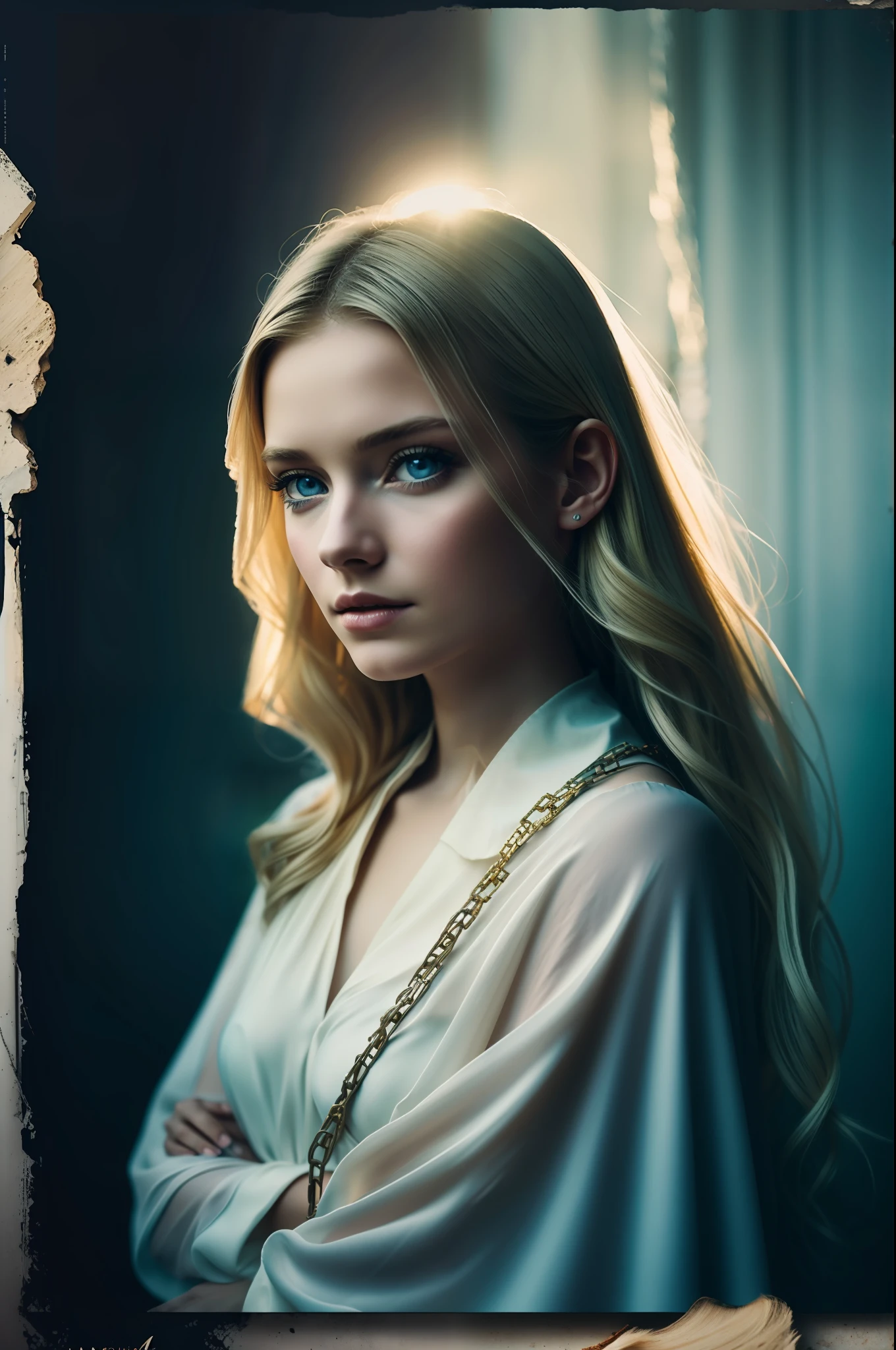an angel bonded by chains, perfect blue eyes and blond hair, Stone Ruins,  Procreate, Watercolor Technique, Poster Design, 300 DPI, Soft Lighting, Ethereal Art, Mysterious, Serene Expression, Enchanting Atmosphere, bokeh, photo, 8k, dark, dynamic action, pale washed out style, dreamy nostalgic, soft focus, dark vignetting, light leaks, medium photography, gloomy artistic painterly ethereal, whimsical, coarse grain photo