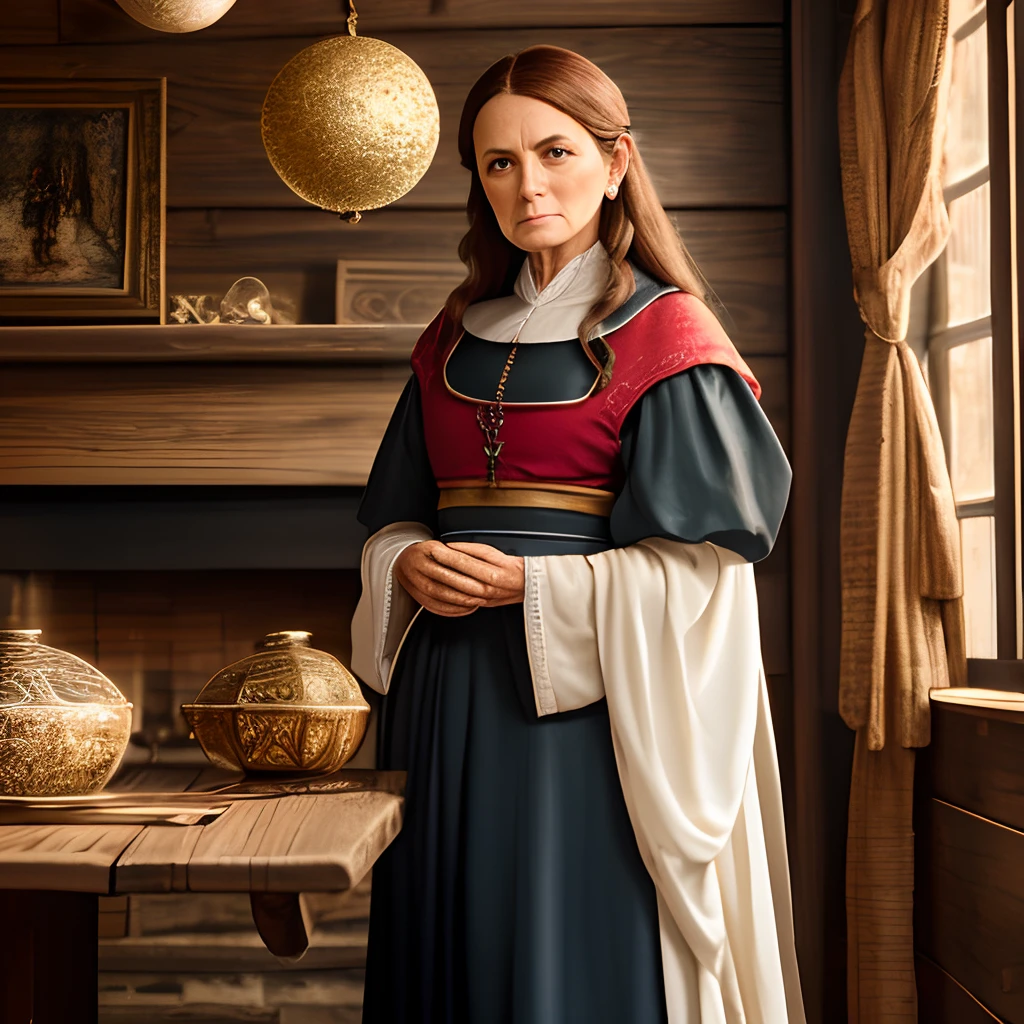 peasant woman, stands next to the table, Long Dress, The mantle of the magician, Ornaments, Honey hair, wrinkles, Adult woman, Thoughtful, pale face, European face, big eyes, large facial features, fantasy style, Middle Ages, Dark tones, low key light, The Dark Middle Ages, Wooden walls