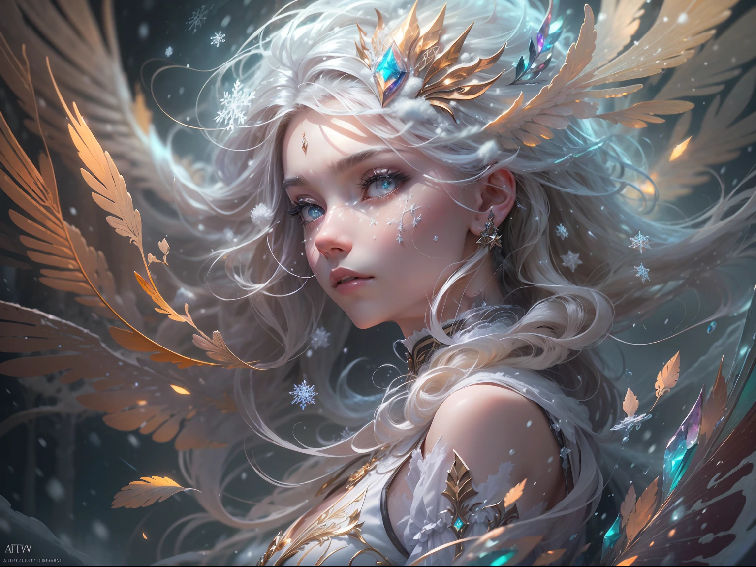 (((masterpiece))), (((best quality))), ((ultra-detailed)),(highly detailed CG illustration), ((an extremely delicate and beautiful)),cinematic lighting. This is a realistic fantasy artwork with contrasting colors and a very mysterious aura. Generate a pure white woman with ((pure white skin)), metallic hair, and bold, colorful eyes. (((Her skin is whiter than snow))). Her face is extremely detailed with realistic shading and her eyes are extremely detailed with absurdly high resolution and bright, bold colors. (((Her eyes are important and must be perfect.))) She has soft, puffy lips. Include many fantasy details such as soft white feathers, beautiful French silk, delicate embroidery, snow, iridescence detailing, phantasmal iridescence detailing, and glitter. Include moonlight, snowflakes, and winterscapes. The character in the artwork is a delicate but strong petite figure with an aura of mystery and magic. The character's clothing should be designed with gossamer feathers, silk, stunning embroidery, and subtle iridescent details. Incorporate dreamy colors, dynamic lighting, and detailed background elements to create a sense of awe and immersion. Consider the latest trends in fantasy art, such as incorporating unique lighting effects, exploring dynamic and compelling composition techniques, and experimenting with unique color palettes. Take inspiration from the top artists on ArtStation and Midjourney. Camera: Choose an angle that highlights the character's beauty and enhances the magical majesty of the artwork. Lighting: Utilize atmospheric lighting techniques to create depth and mood. Resolution: Aim for a high-resolution artwork to showcase intricate details and clarity. Art Inspirations: Seek inspiration from the trending artists on ArtStation, exploring different styles, genres, and themes.