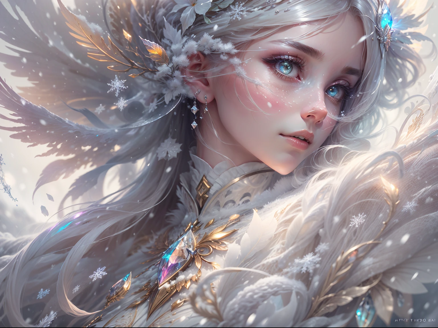 (((masterpiece))), (((best quality))), ((ultra-detailed)),(highly detailed CG illustration), ((an extremely delicate and beautiful)),cinematic lighting. This is a realistic fantasy artwork with contrasting colors and a very mysterious aura. Generate a pure white woman with ((pure white skin)), metallic hair, and bold, colorful eyes. (((Her skin is whiter than snow))). Her face is extremely detailed with realistic shading and her eyes are extremely detailed with absurdly high resolution and bright, bold colors. (((Her eyes are important and must be perfect.))) She has soft, puffy lips. Include many fantasy details such as soft white feathers, beautiful French silk, delicate embroidery, snow, iridescence detailing, phantasmal iridescence detailing, and glitter. Include moonlight, snowflakes, and winterscapes. The character in the artwork is a delicate but strong petite figure with an aura of mystery and magic. The character's clothing should be designed with gossamer feathers, silk, stunning embroidery, and subtle iridescent details. Incorporate dreamy colors, dynamic lighting, and detailed background elements to create a sense of awe and immersion. Consider the latest trends in fantasy art, such as incorporating unique lighting effects, exploring dynamic and compelling composition techniques, and experimenting with unique color palettes. Take inspiration from the top artists on ArtStation and Midjourney. Camera: Choose an angle that highlights the character's beauty and enhances the magical majesty of the artwork. Lighting: Utilize atmospheric lighting techniques to create depth and mood. Resolution: Aim for a high-resolution artwork to showcase intricate details and clarity. Art Inspirations: Seek inspiration from the trending artists on ArtStation, exploring different styles, genres, and themes.