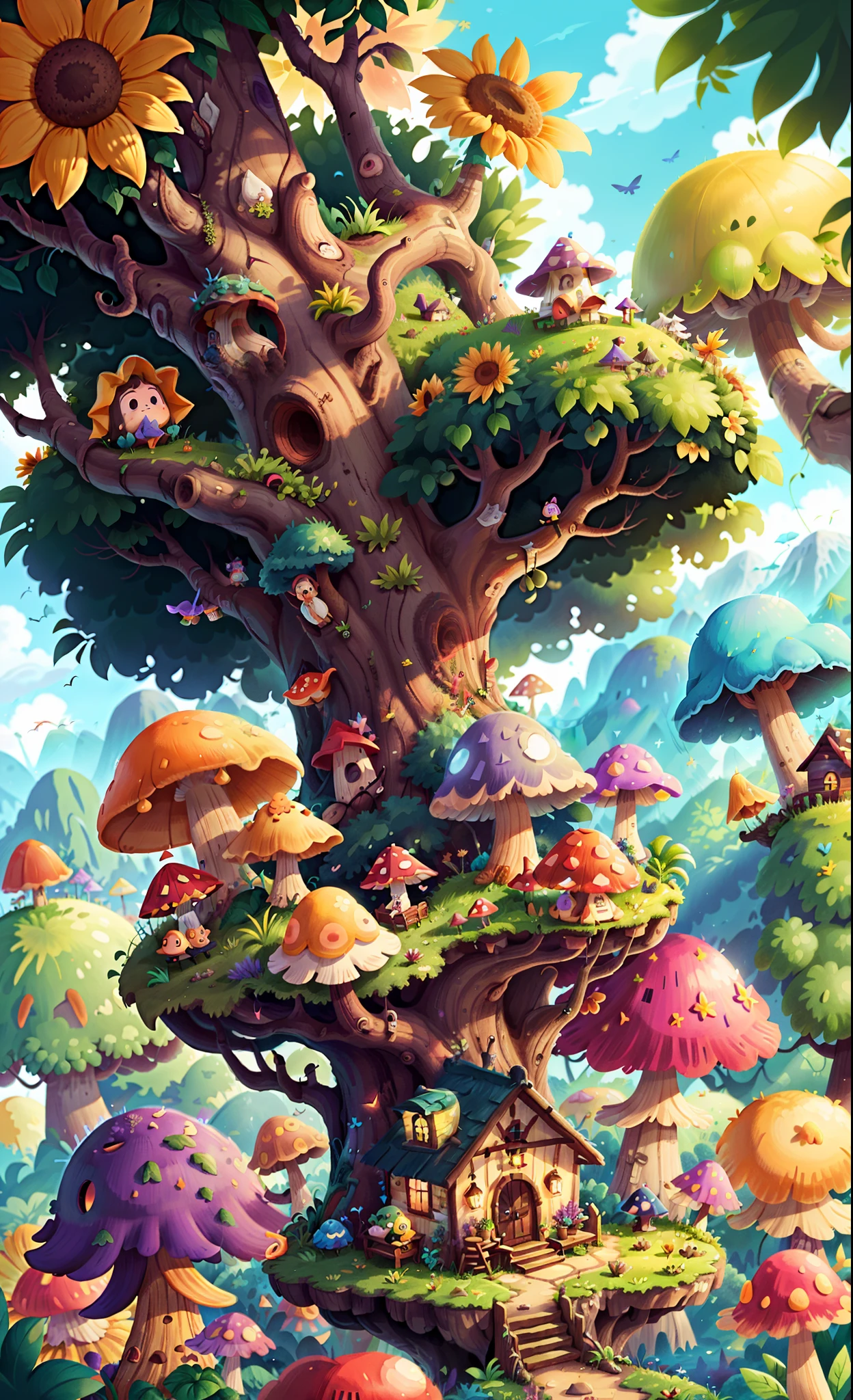 Light up the colorful large mushroom forest,Fine matte paint,summer day,beachside,rios,tree house,Sunflower fields,lavender,mountain ranges,mountain peaks,big trees,