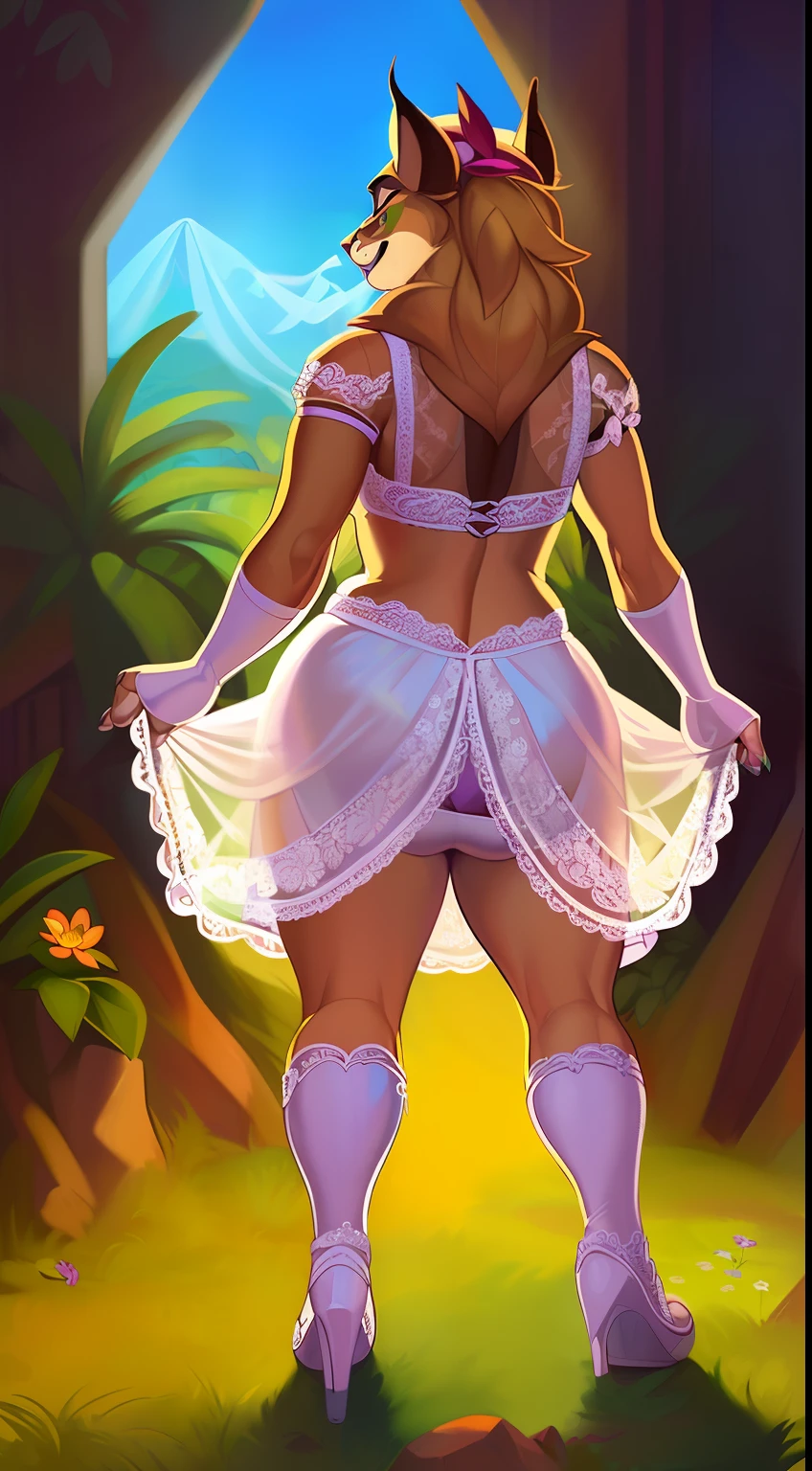 subido el e621, por Pixelsketcher, por Bayard Wu, por Thomas Benjamin Kennington , por Einshelm, (realista:1.2), Jade el lince, Linx, hembra, Anthro peludo, Orejas de gato, nariz rosada, (Detailed clear aquatic eyes:1.3),  colmillos, beige brown hair, (Flecos largos:1.5), Cola de caballo, Cuerpo bronceado claro, Cara intrincadamente detallada, tuft of skin from the neck, (tomboy), (Correa de cuchillo para muslos:1.4), (Chibi:0.8), vida real, ((retrato)), De pie seductoramente, dynamic  pose, (Cola corta de lince:1.4), (detailed lighting by Bonifasko), (pelaje esponjoso), (Piel detallada), (Piel detallada), dedo del pie de camello, (sonrisa afectada:1.1), cinematic lighting, ((Antecedentes detallados del bosque, cascada, Colinas, tree)), oasis, Hermoso lago, Vista gran angular, (sombra de medio cuerpo:1.3), [Contre-Jour], [[rayo crepuscular]], vientre desnudo, vientre desnudo, ombligo, semi covered ass, [luz ambiental detallada], [gray natural lighting], [luz ambiental en el vientre], (Mayor detalle salvaje de la vida silvestre), Al aire libre, vista al mar y playa, [proporciones realistas], [foco nítido], (sombreado), ((obra maestra)), (((((wearing a sexy cropped white wedding dress with laced floral print, very sexy cropped white wedding dress, sexy white cropped wedding dress, white wedding dress))))), Rear view, Looking back at the viewer