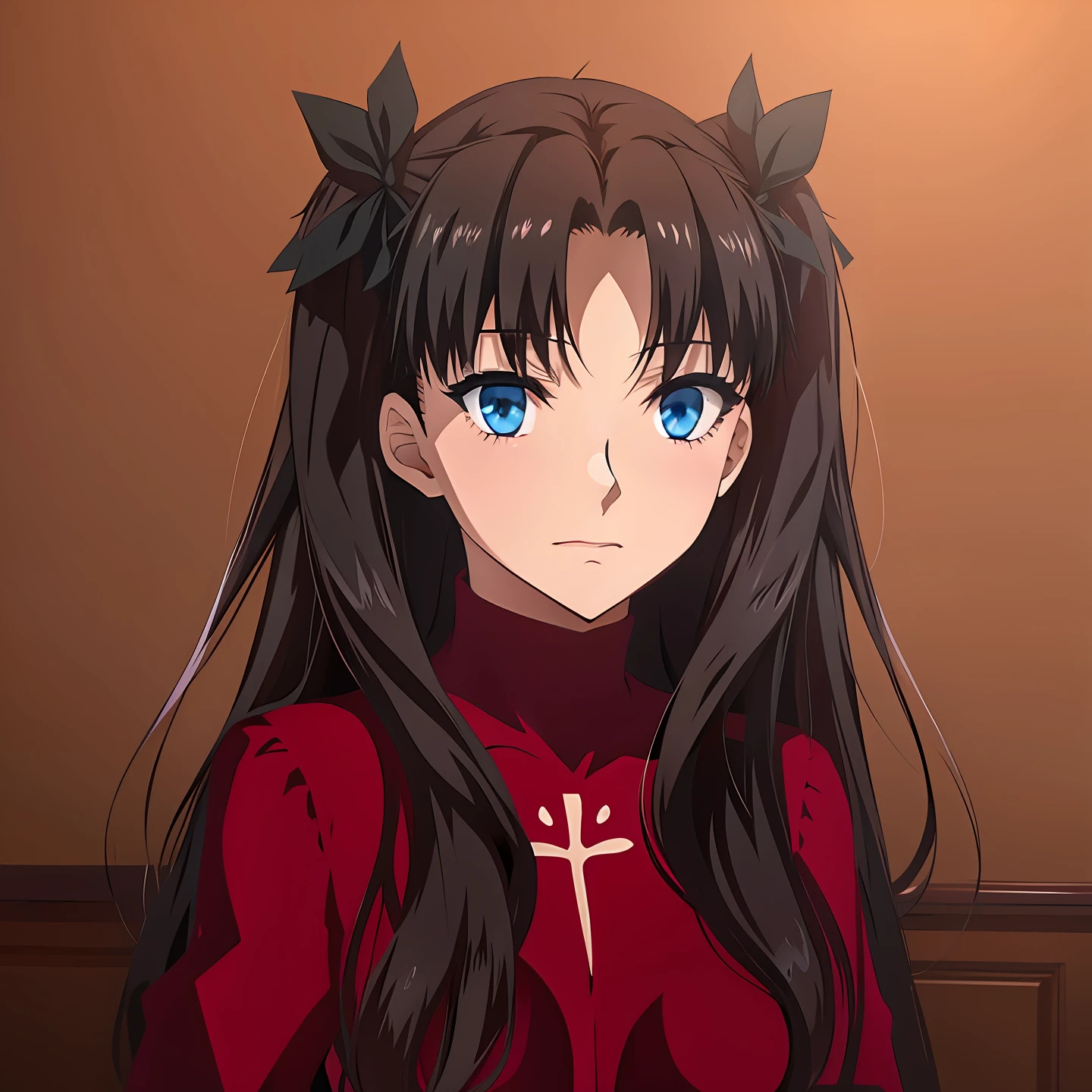 Black hair, blue eyes, red dress, rin tohsaka