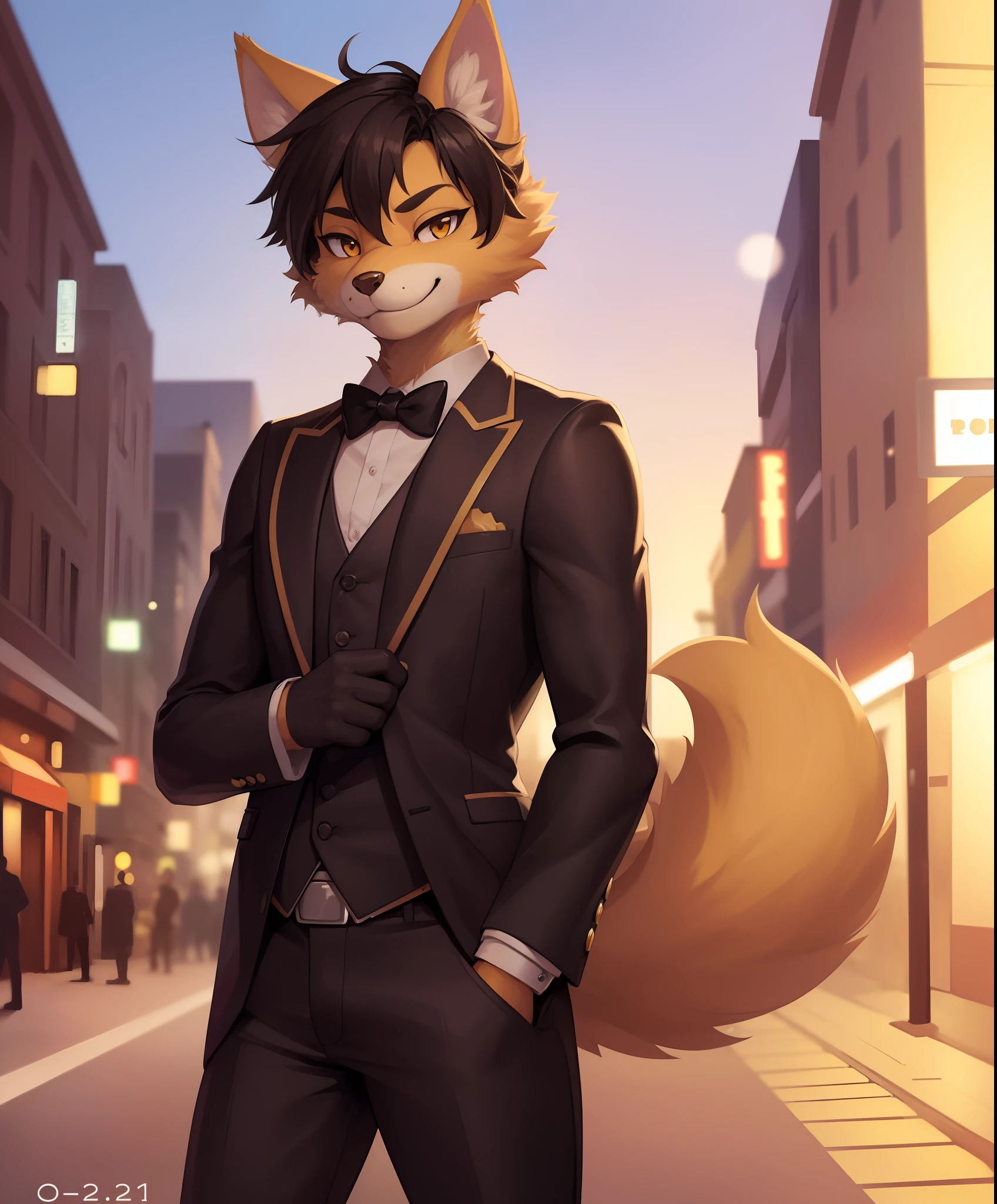 (furry art, uploaded on e621:1.3), 1boy, (solo_focus), (male) (furry:1.4) anthro, (upper body:1.3), (hands in pockets:1.1), on street, detailed face, detailed eyes, detailed fluffy fur, fluffy tail, seductive pose, fancy pants, (business suit, yellow vest:0.9), digital painting, natural lighting, photorealistic, (smug face), smiling (cocky), steampunk, (bokeh:1.18)