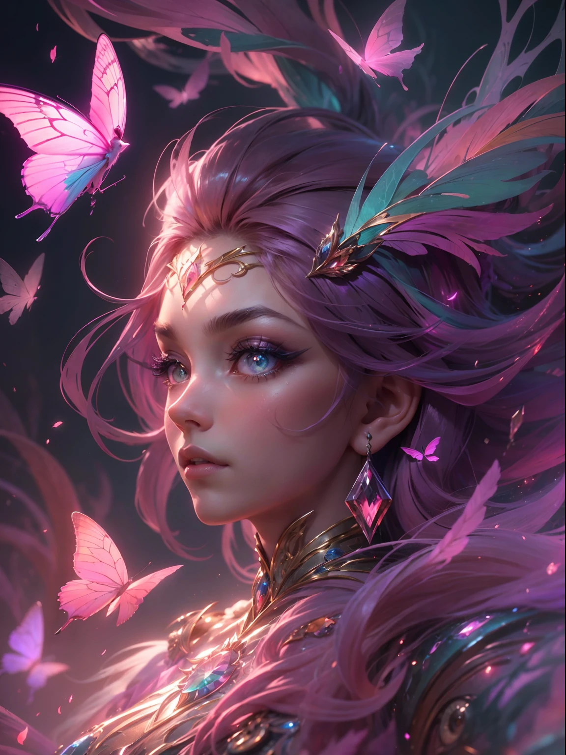 (((masterpiece))), (((best quality))), ((ultra-detailed)),(highly detailed CG illustration), ((an extremely delicate and beautiful)),cinematic light, Create a stunning fantasy artwork that mimics the style of currently trending masters of the genre. The art piece should contain elements of both mythic fantasy and fairytale fantasy with colorful accents. ((Utilize various shades of pink and watercolor pastels as the main color scheme.)) The character in the artwork is a delicate but strong petite figure with an aura of mystery and magic. Pay close attention to intricate facial features, such as mesmerizing eyes with vibrant colors and bold shading. The character's clothing should be designed with gossamer feathers, silk, stunning embroidery, and subtle iridescent details. Incorporate dreamy colors, dynamic lighting, and detailed background elements to create a sense of awe and immersion. Include colorful flying magical birds and jewel-toned butterflies radiating a magical aura. Consider the latest trends in fantasy art, such as incorporating unique lighting effects, exploring dynamic and compelling composition techniques, and experimenting with unique color palettes. Take inspiration from the top artists on ArtStation and Midjourney. Camera: Choose an angle that highlights the character's beauty and enhances the magical majesty of the artwork. Lighting: Utilize atmospheric lighting techniques to create depth and mood. Resolution: Aim for a high-resolution artwork to showcase intricate details and clarity. Art Inspirations: Seek inspiration from the trending artists on ArtStation, exploring different styles, genres, and themes.