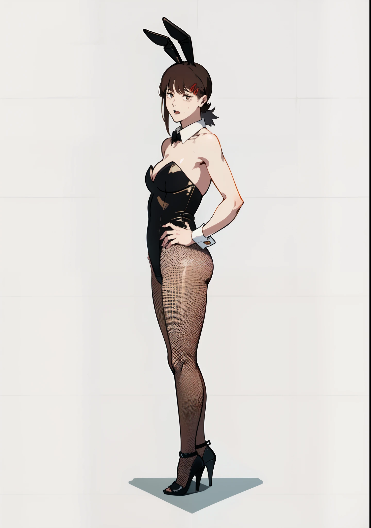 A sexy woman dressed as a bunny posing for a photo on the wall with her back to the camera, 1girl, solamente, Conejito Playboy, pantys, Orejas de animales, Orejas de conejo, pantimedias de red, Balancines, tacones altos, cabello negro, wrist cuffs,Kobeni,brown eyes, (((fondo blanco, obra maestra, better anatomy)))