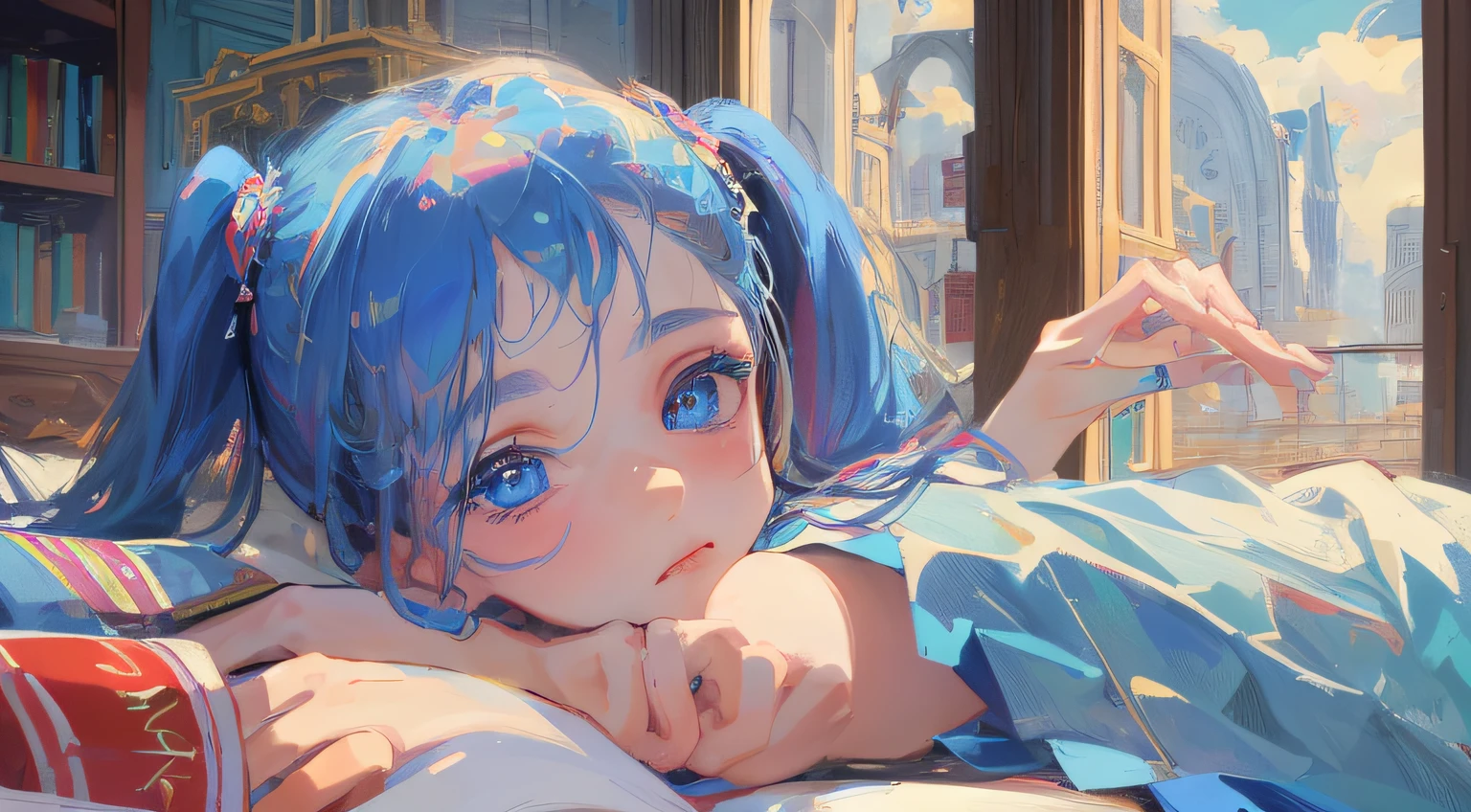((masterpiece, best quality, ultra-detailed, high-resolution)), portrait, solo, beautiful girl, gleaming blue eyes, perfect eye, age 12, skyblue hair, pigtails, library, night