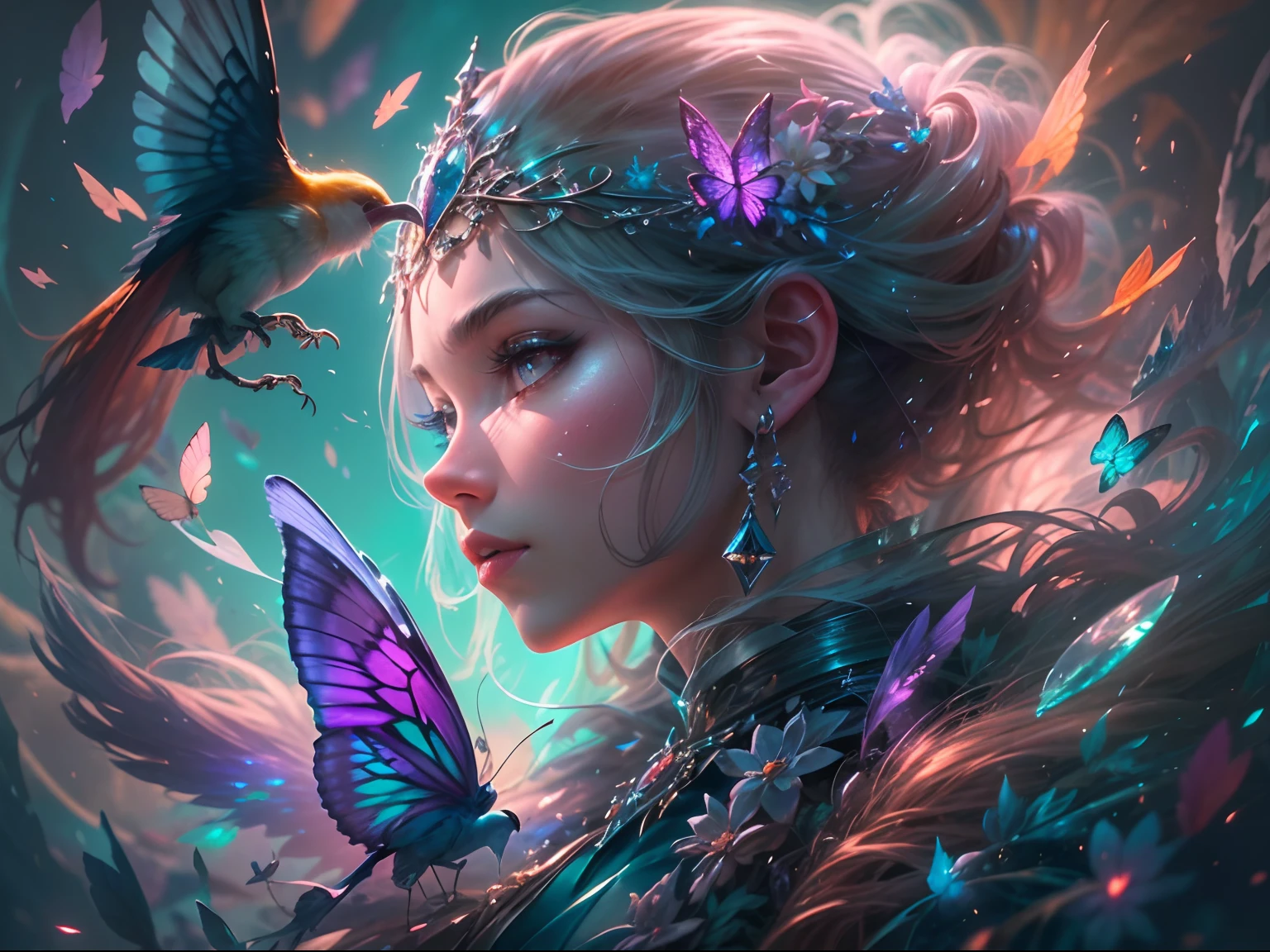 (((masterpiece))), (((best quality))), ((ultra-detailed)),(highly detailed CG illustration), ((extremely delicate and beautiful)) Create a stunning fantasy artwork that mimics the style of currently trending masters of the genre. The art piece should contain elements of both mythic fantasy and fairytale fantasy with (watercolor accents in shades of blue, pink, and purple). Generate a delicate but strong figure with an aura of mystery and magic and stunningly realistic eyes. The character should be petite with subtle breasts. Pay close attention to intricate facial features, such as mesmerizing eyes with vibrant colors and delicate shading. The character's clothing should be designed with gossamer feathers, silk, stunning embroidery, and subtle iridescent details. Incorporate vibrant colors, dynamic lighting, and detailed background elements to create a sense of awe and immersion. Include colorful flying magical birds and jewel-toned butterflies radiating a magical aura. Consider the latest trends in fantasy art, such as incorporating unique lighting effects, exploring dynamic and compelling composition techniques, and experimenting with unique color palettes. Take inspiration from the top artists on ArtStation and Midjourney. Camera: Choose an angle that highlights the character's beauty and enhances the magical majesty of the artwork. Lighting: Utilize atmospheric lighting techniques to create depth and mood. Resolution: Aim for a high-resolution artwork to showcase intricate details and clarity. Art Inspirations: Seek inspiration from the trending artists on ArtStation, exploring different styles, genres, and themes.