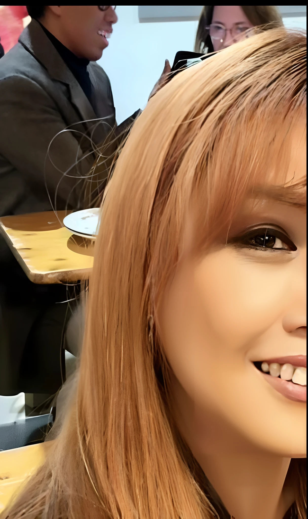 there is a woman sitting at a table with a plate of food, with bangs, taken in the late 2010s, ann takamaki, with long hair, cindy avelino, inspired by Sakai Hōitsu, joy ang, with a brown fringe, asian female, inspired by Natasha Tan, taken in the early 2020s
