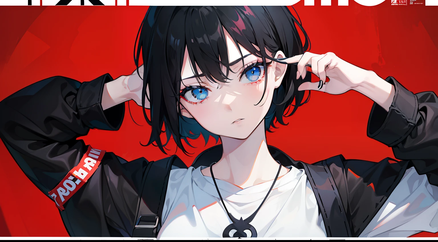 1girl, short black hair, blue eyes, wearing plain white shirt, denim shorts, city, absurdres, high res, ultrasharp, 8K, masterpiece, looking at viewer, film poster featuring a young woman as the central character. She stands confidently in the center of the poster, with a determined expression on her face. The background is dark and gritty, with a sense of danger and intensity. The text is bold and attention-grabbing, with a catchy tagline that adds to the overall feeling of drama and excitement. The color palette is mainly dark with splashes red, giving the poster a dynamic and visually striking appearance,tachi-e (magazine:1.3), (cover-style:1.3), fashionable, woman, vibrant, outfit, posing, front, colorful, dynamic, background, elements, confident, expression, holding, statement, accessory, majestic, coiled, around, touch, scene, text, cover, bold, attention-grabbing, title, stylish, font, catchy, headline, larger, striking, modern, trendy, focus, fashion,
