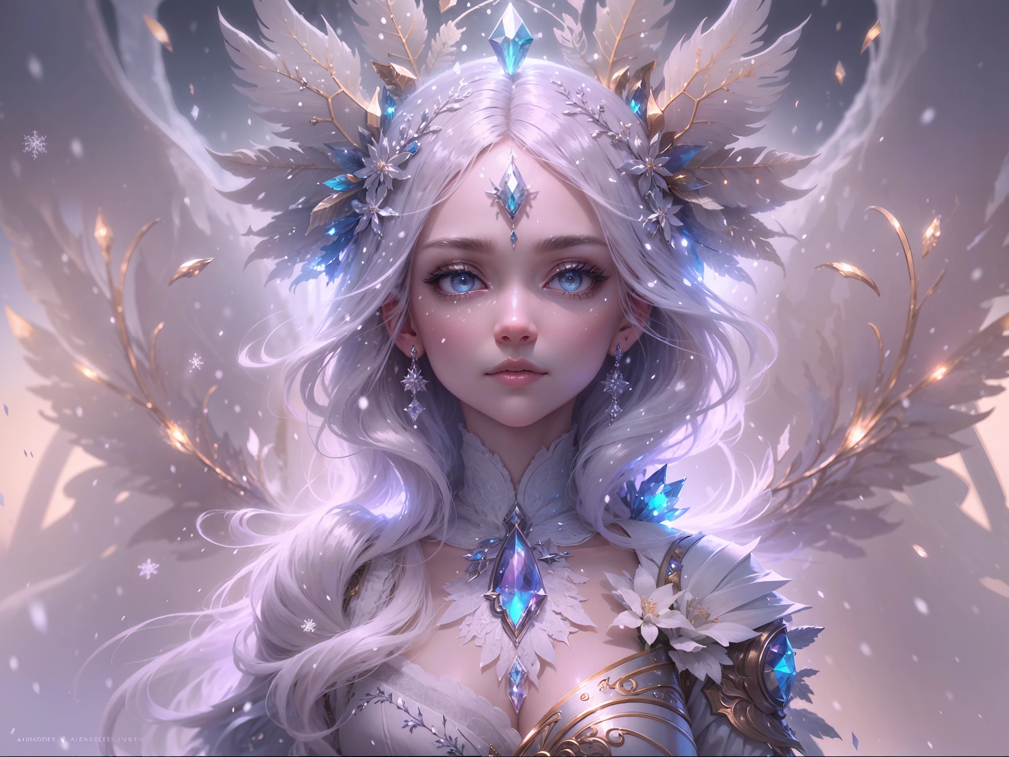 (((masterpiece))), (((best quality))), ((ultra-detailed)),(highly detailed CG illustration), ((an extremely delicate and beautiful)),cinematic lighting. This is a realistic fantasy artwork with contrasting colors and a very mysterious aura. Generate a pure white woman with ((pure white skin)), metallic hair, and bold, colorful eyes. (((Her skin is whiter than snow))). Her face is extremely detailed with realistic shading and her ((((eyes are extremely detailed with absurdly high resolution and bright, bold colors.)))) (((Her eyes are important and must be perfect.))) She has soft, puffy lips. Include many fantasy details such as soft white feathers, beautiful French silk, delicate embroidery, snow, iridescence detailing, phantasmal iridescence detailing, and glitter. Include moonlight, snowflakes, and winterscapes. The character in the artwork is a delicate but strong petite figure with an aura of mystery and magic. The character's clothing should be designed with gossamer feathers, silk, stunning embroidery, and subtle iridescent details. Incorporate dreamy colors, dynamic lighting, and detailed background elements to create a sense of awe and immersion.  Consider the latest trends in fantasy art, such as incorporating unique lighting effects, exploring dynamic and compelling composition techniques, and experimenting with unique color palettes. Take inspiration from the top artists on ArtStation and Midjourney. Camera: Choose an angle that highlights the character's beauty and enhances the magical majesty of the artwork. Lighting: Utilize atmospheric lighting techniques to create depth and mood. Resolution: Aim for a high-resolution artwork to showcase intricate details and clarity. Art Inspirations: Seek inspiration from the trending artists on ArtStation, exploring different styles, genres, and themes.