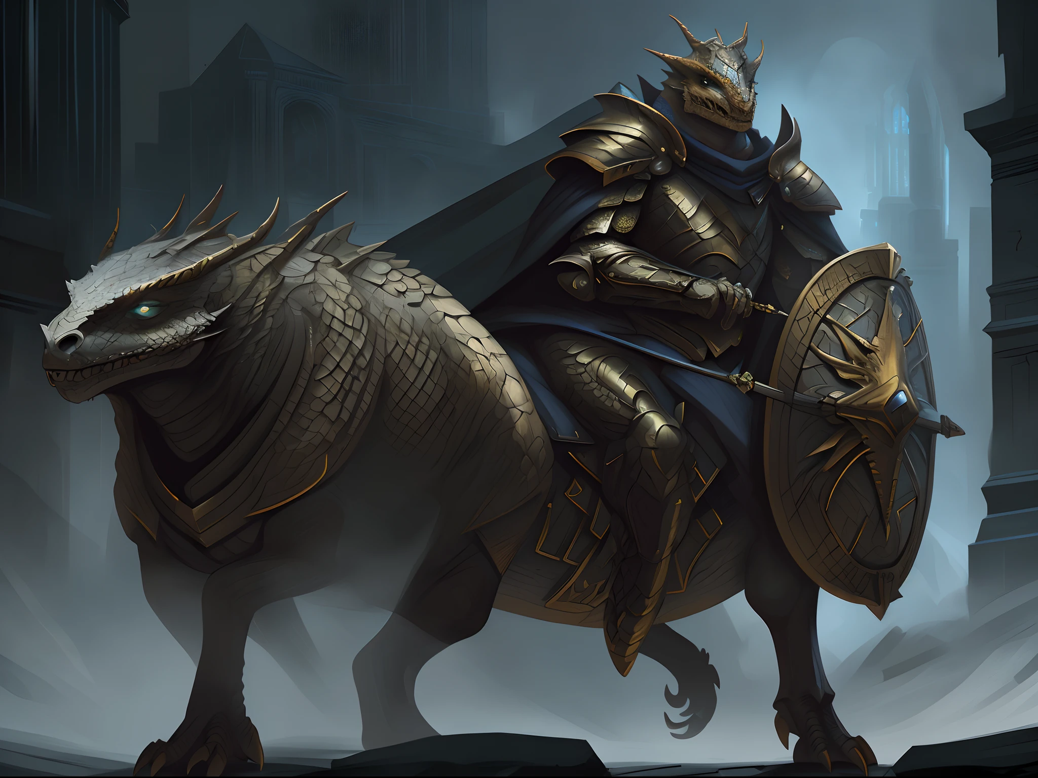 arafed high details, best quality, 8k, [ultra detailed], masterpiece, best quality, (extremely detailed), dynamic angle, ultra wide shot, photorealistic, RAW, fantasy art, dnd art, fantasy art, realistic art, a wide angle picture of a dragonborn paladin ready for battle, full body  (intense details, Masterpiece, best quality: 1.5), D&D dragonborn, gold dragonborn, dynamic eyes color, reptilian eyes, ultra detailed face  (intense details, Masterpiece, best quality: 1.5), wearing heavy armor, white armor, wearing cloak, long cloak, flowing cloak, dynamic colors, armed with sword  (intense details, Masterpiece, best quality: 1.5), holy avenger sword, sword have yellow magical aura (intense details, Masterpiece, best quality: 1.5), holding a shield  (intense details, Masterpiece, best quality: 1.5), dark temple, evil temple  background (intense details, Masterpiece, best quality: 1.5), sense of action, atmosphere of danger