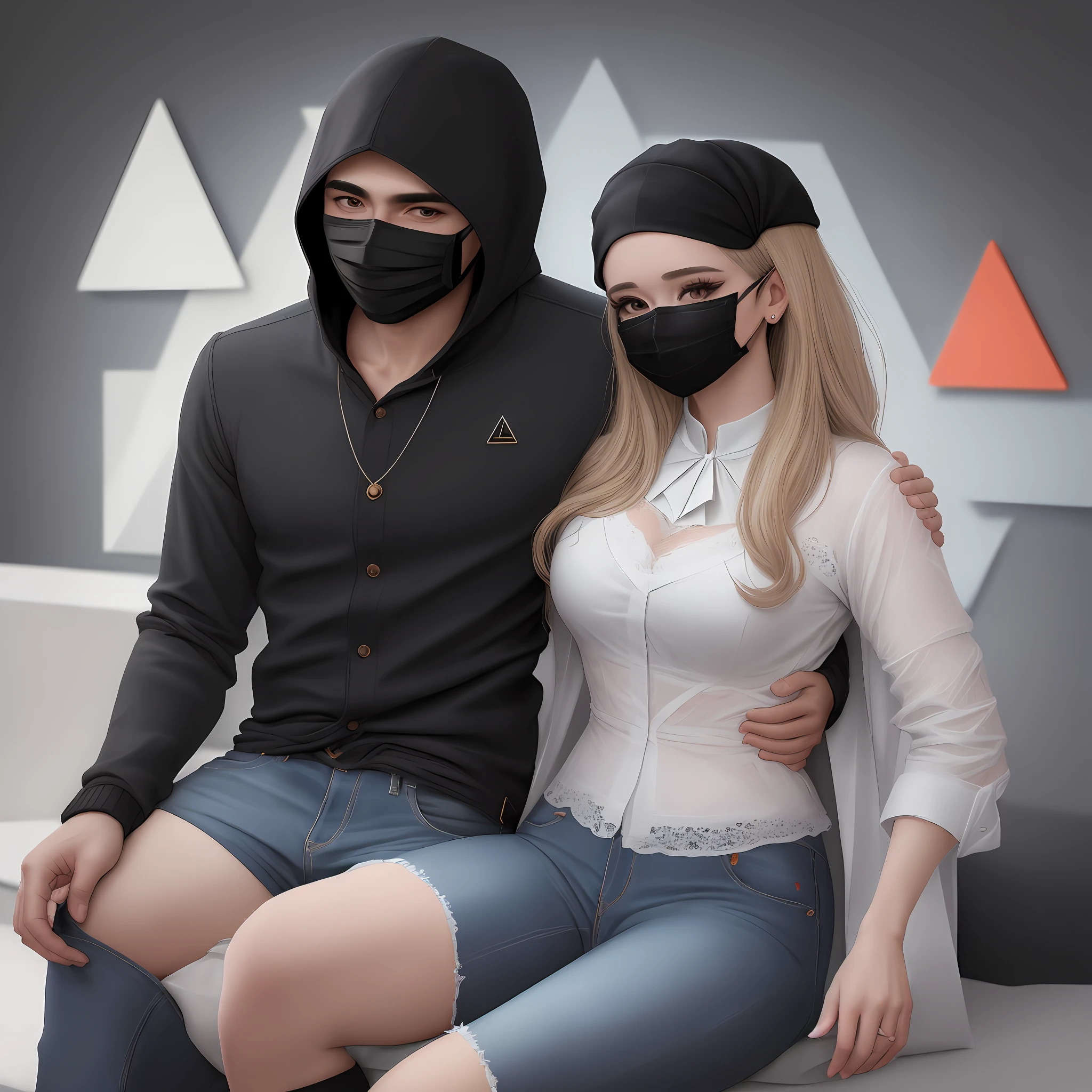 Um homem de estatura media, palido, wearing a black mask with no face details that covers her entire head wearing a white blouse and a black coat, na sua mascara existe um simbolo, which is a triangle with a circle inside and which inside has another triangle and which repeats itself infinitely, He's wearing jeans with a black sneaker