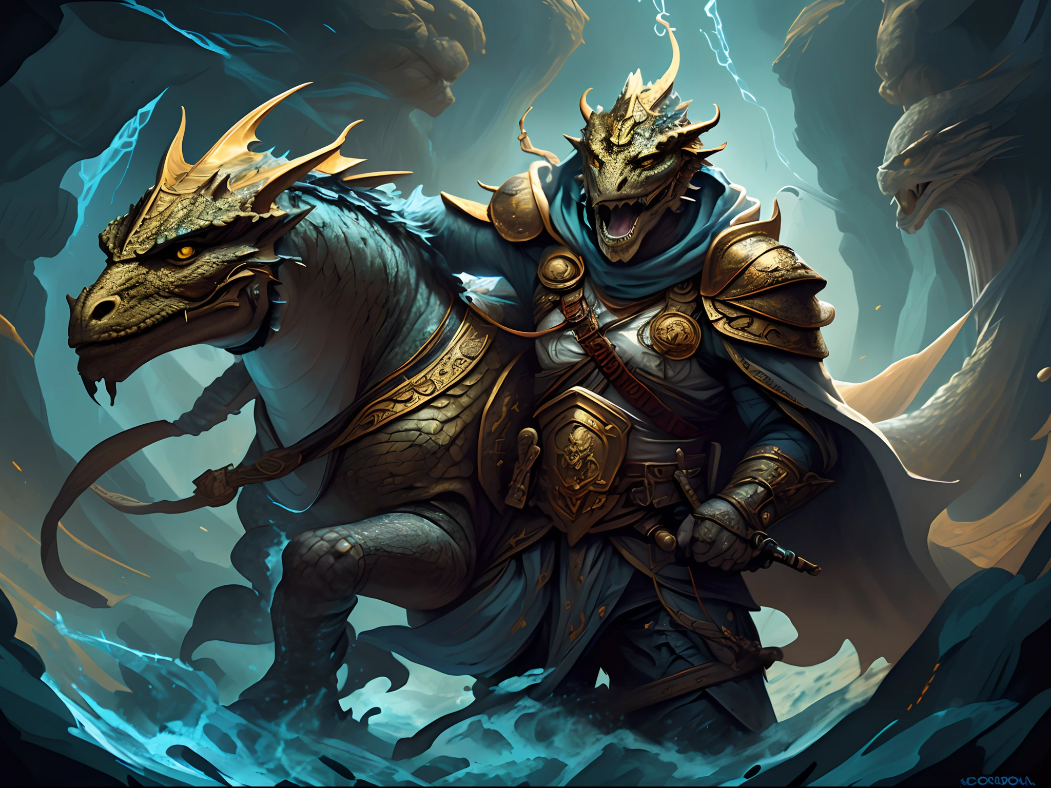 arafed high details, best quality, 8k, [ultra detailed], masterpiece, best quality, (extremely detailed), dynamic angle, ultra wide shot, photorealistic, RAW, fantasy art, dnd art, fantasy art, realistic art, a wide angle picture of a dragonborn paladin ready for battle, full body  (intense details, Masterpiece, best quality: 1.5), D&D dragonborn, gold dragonborn, dynamic eyes color, reptilian eyes, ultra detailed face  (intense details, Masterpiece, best quality: 1.5), wearing heavy armor, white armor, wearing cloak, long cloak, flowing cloak, dynamic colors, armed with sword  (intense details, Masterpiece, best quality: 1.5), holy avenger sword, sword have yellow magical aura (intense details, Masterpiece, best quality: 1.5), holding a shield  (intense details, Masterpiece, best quality: 1.5), dark temple, evil temple  background (intense details, Masterpiece, best quality: 1.5), sense of action, atmosphere of danger