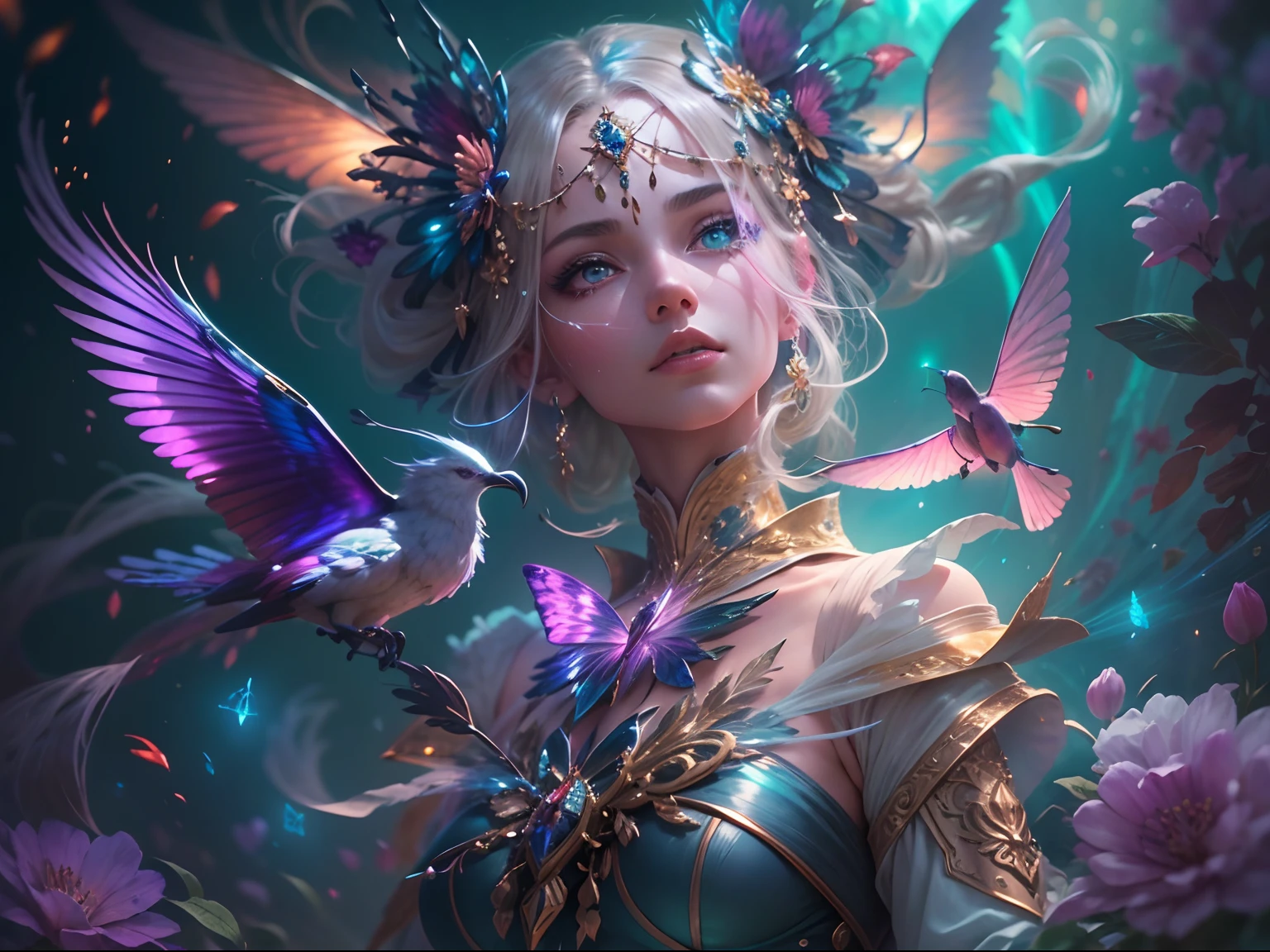 (((masterpiece))), (((best quality))), ((ultra-detailed)),(highly detailed CG illustration), ((extremely delicate and beautiful)) Create a stunning fantasy artwork that mimics the style of currently trending masters of the genre. The art piece should contain elements of both mythic fantasy and fairytale fantasy with (watercolor accents in shades of blue, pink, and purple). Generate a delicate but strong figure with an aura of mystery and magic and stunningly realistic eyes. The character should be petite with subtle breasts. Pay close attention to intricate facial features, such as mesmerizing eyes with vibrant colors and delicate shading. The character's clothing should be designed with gossamer feathers, silk, stunning embroidery, and subtle iridescent details. Incorporate vibrant colors, dynamic lighting, and detailed background elements to create a sense of awe and immersion. Include colorful flying magical birds and jewel-toned butterflies radiating a magical aura. Consider the latest trends in fantasy art, such as incorporating unique lighting effects, exploring dynamic and compelling composition techniques, and experimenting with unique color palettes. Take inspiration from the top artists on ArtStation and Midjourney. Camera: Choose an angle that highlights the character's beauty and enhances the magical majesty of the artwork. Lighting: Utilize atmospheric lighting techniques to create depth and mood. Resolution: Aim for a high-resolution artwork to showcase intricate details and clarity. Art Inspirations: Seek inspiration from the trending artists on ArtStation, exploring different styles, genres, and themes.
