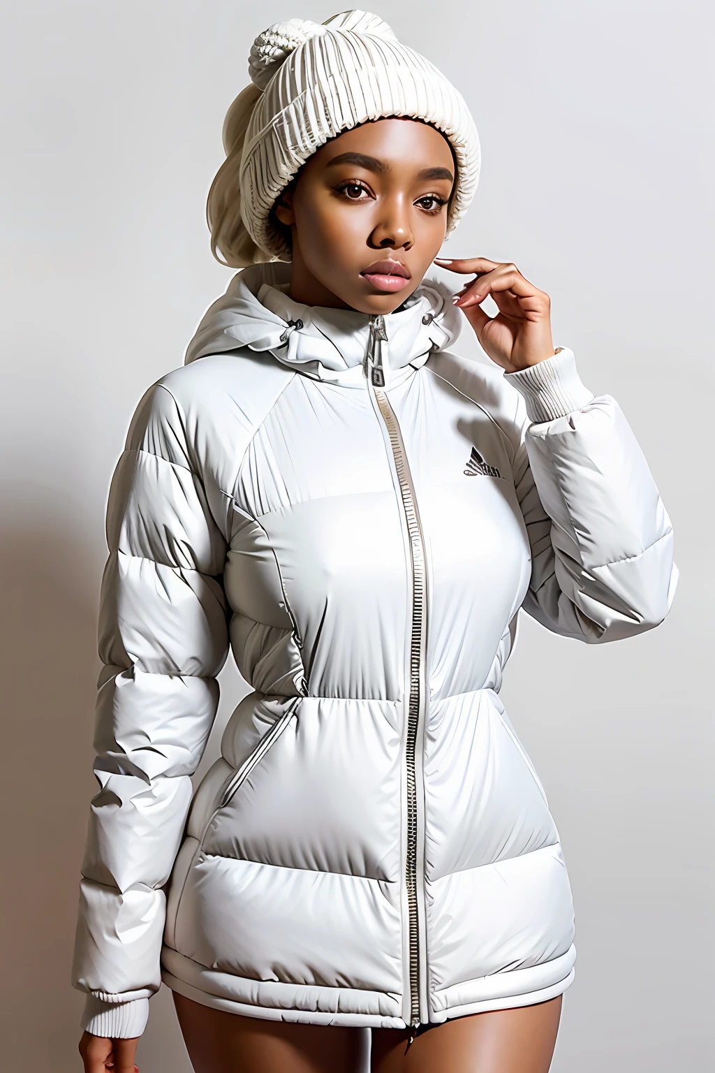 beautifull afro 26 y.o girl, model, white hair in milky adidas winter puffer jacket, design trend, design by kanye west, on a white background, octane, 4K, intricate and detailed texture --ar 4:5 --q 2 -